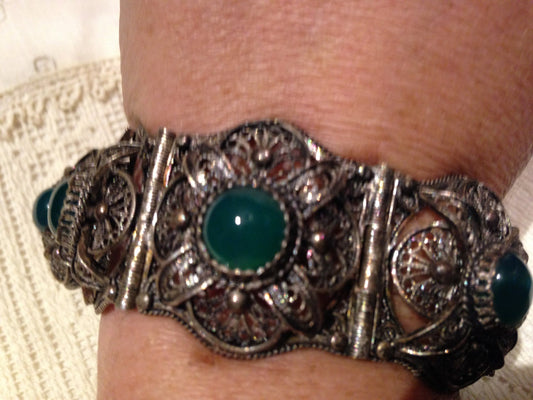 Vintage Gothic Filigree Sterling Silver with Green Onyx Chunky Bracelet