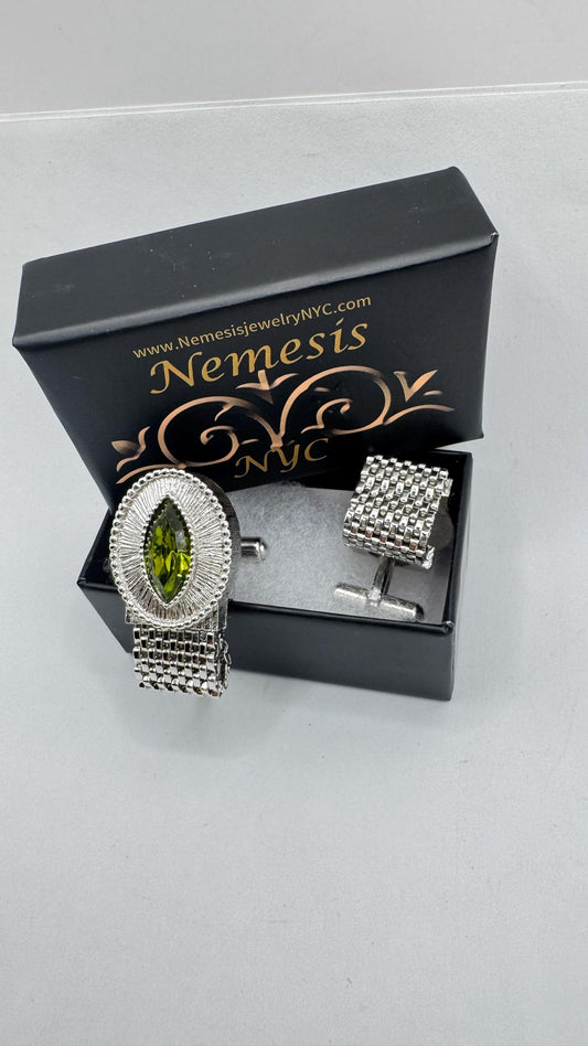 Vintage Green Silver Cuff Links