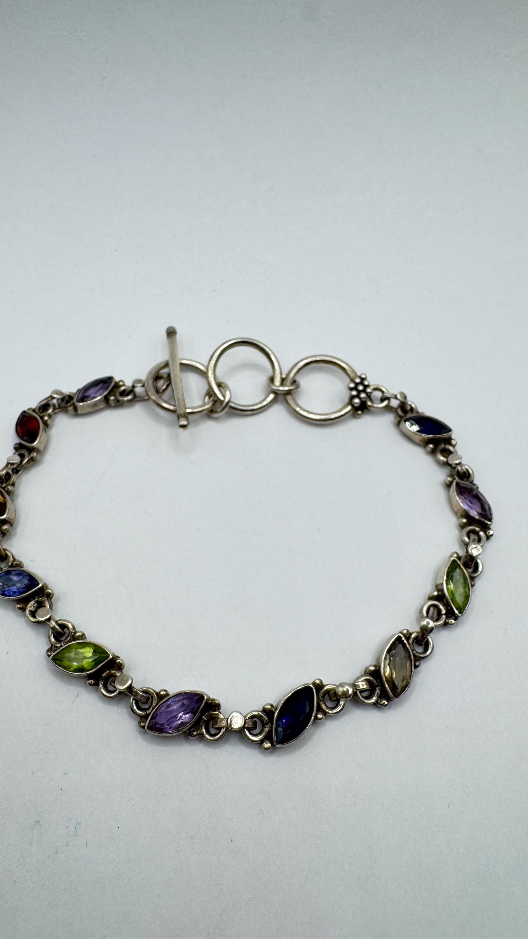 Handmade Genuine Mixed Gemstone in 925 Sterling Silver Tennis Bracelet