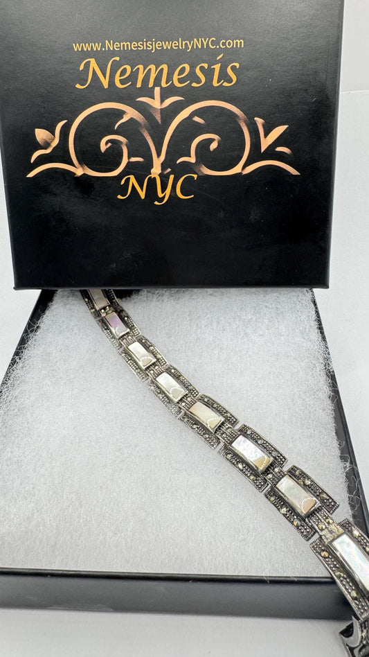 Vintage White Mother of Pearl Marcasite Bracelet 925 Sterling Silver