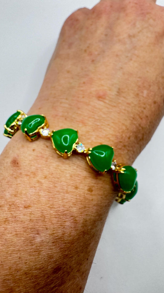 Vintage Green Jade Heart Bracelet Golden White Bronze