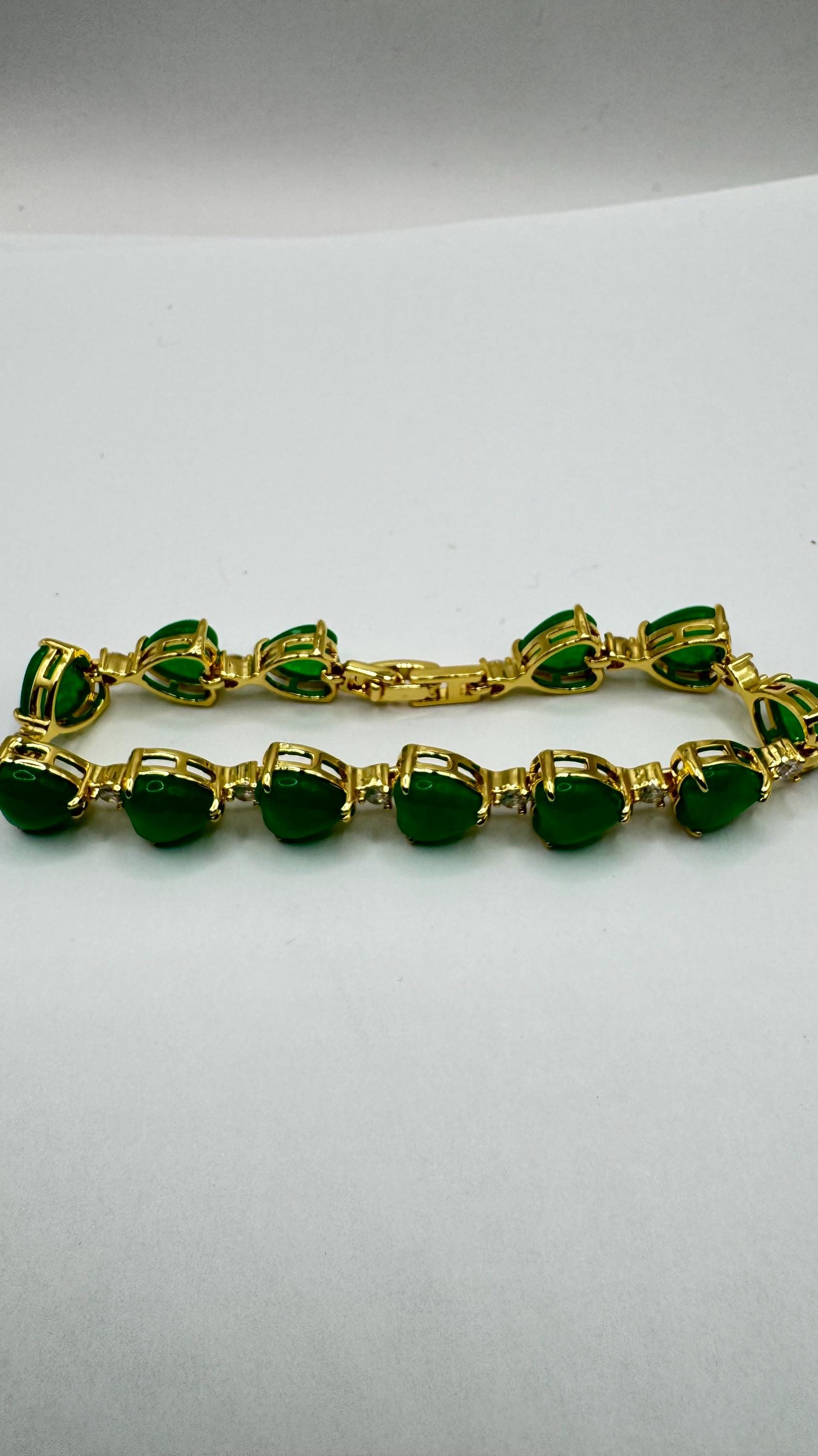 Vintage Green Jade Heart Bracelet Golden White Bronze