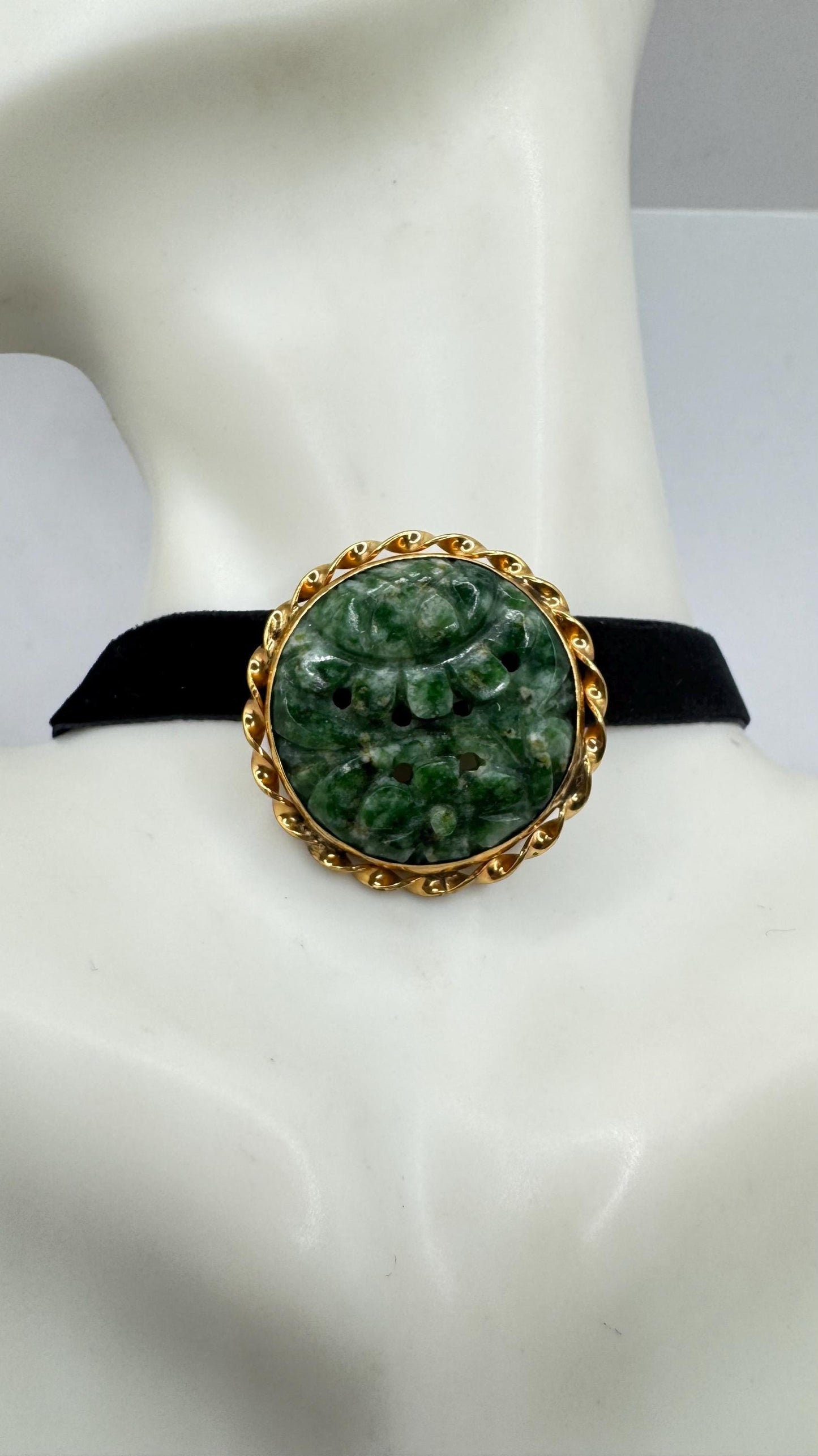Vintage Green Jade Yellow Gold Filled Brooch Pin