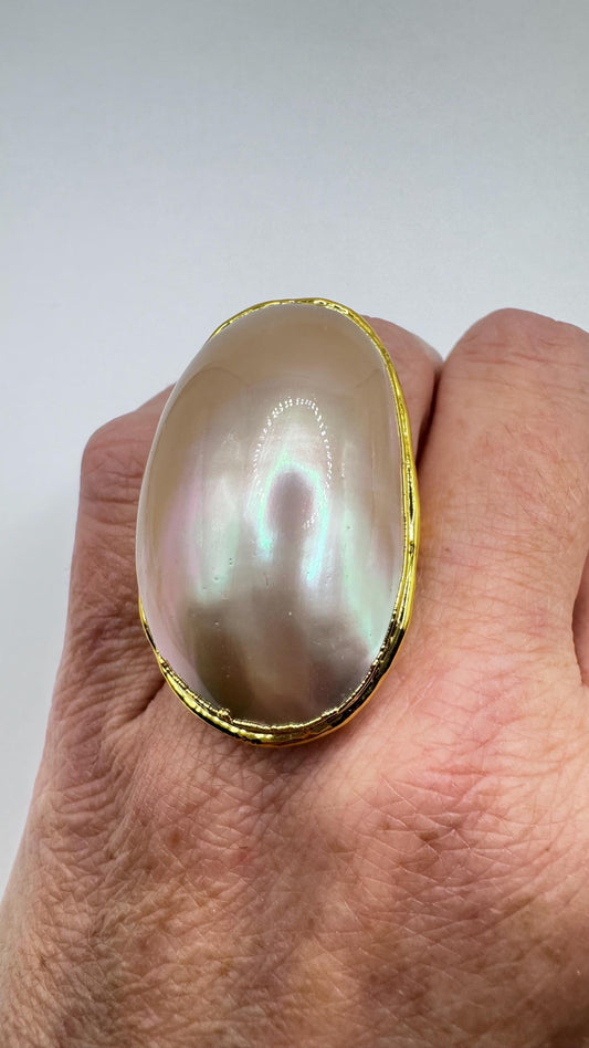 Vintage Biwa Pearl Ring Golden 925 Sterling Silver Cocktail Statement Adjustable