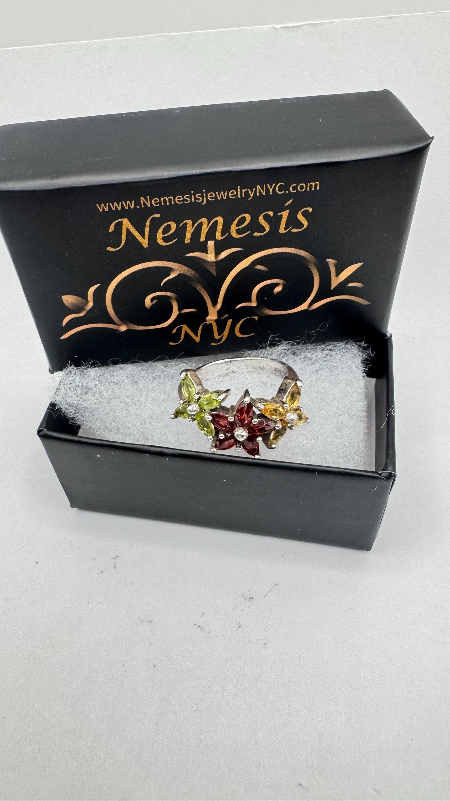 Vintage Mixed Genuine Gemstones 925 Sterling Silver Band Ring