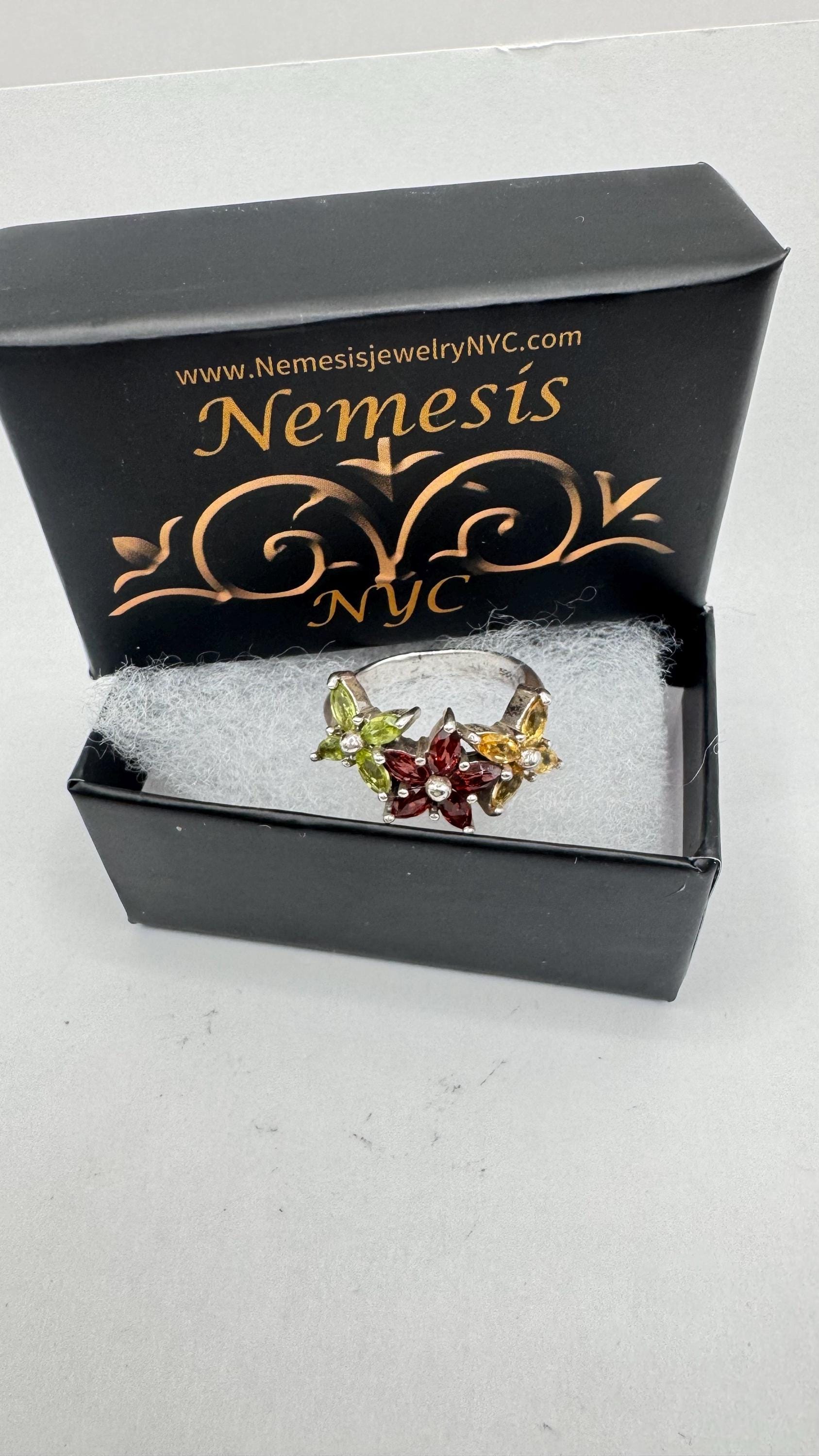 Vintage Mixed Genuine Gemstones 925 Sterling Silver Band Ring