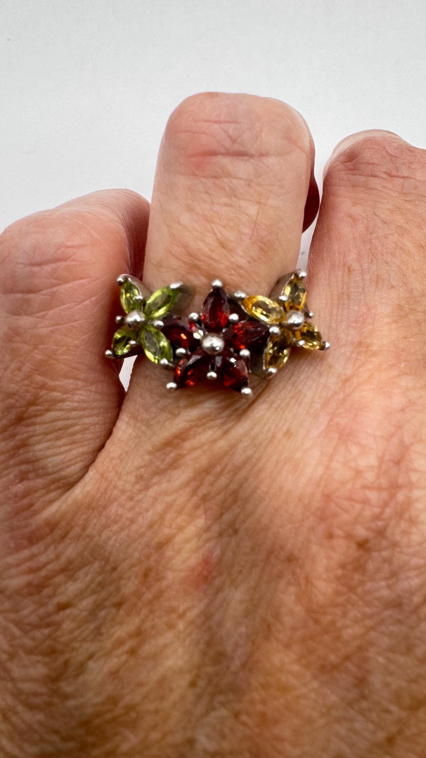 Vintage Mixed Genuine Gemstones 925 Sterling Silver Band Ring
