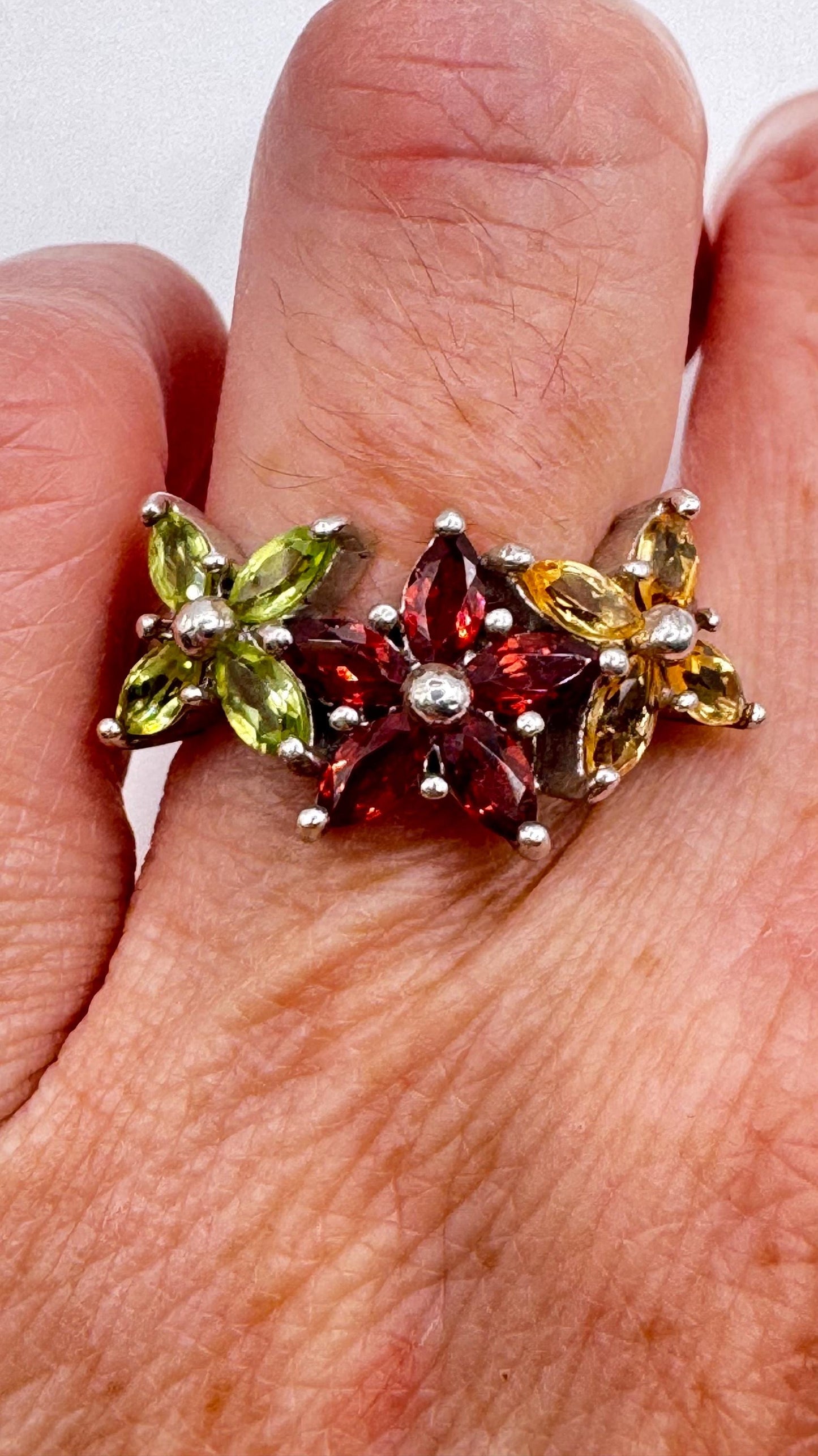 Vintage Mixed Genuine Gemstones 925 Sterling Silver Band Ring