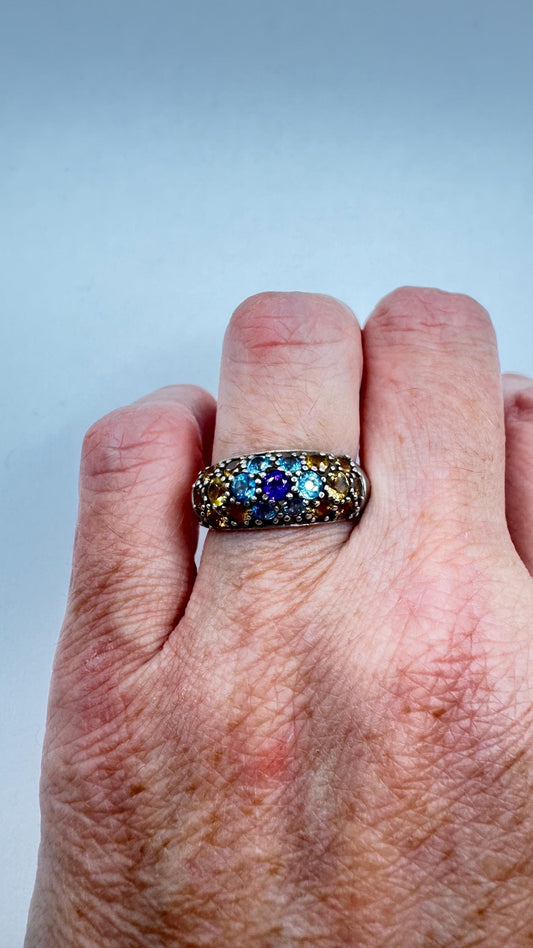 Vintage Mixed Genuine Gemstones 925 Sterling Silver Band Ring