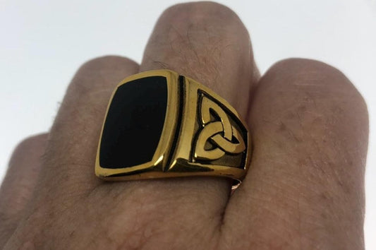 Vintage Celtic Black Onyx Golden Stainless Steel Mens Ring