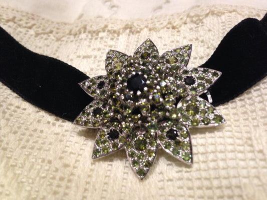 Vintage Handmade Genuine Green Toumaline 925 Sterling Silver Rhodium Star Brooch Pendant
