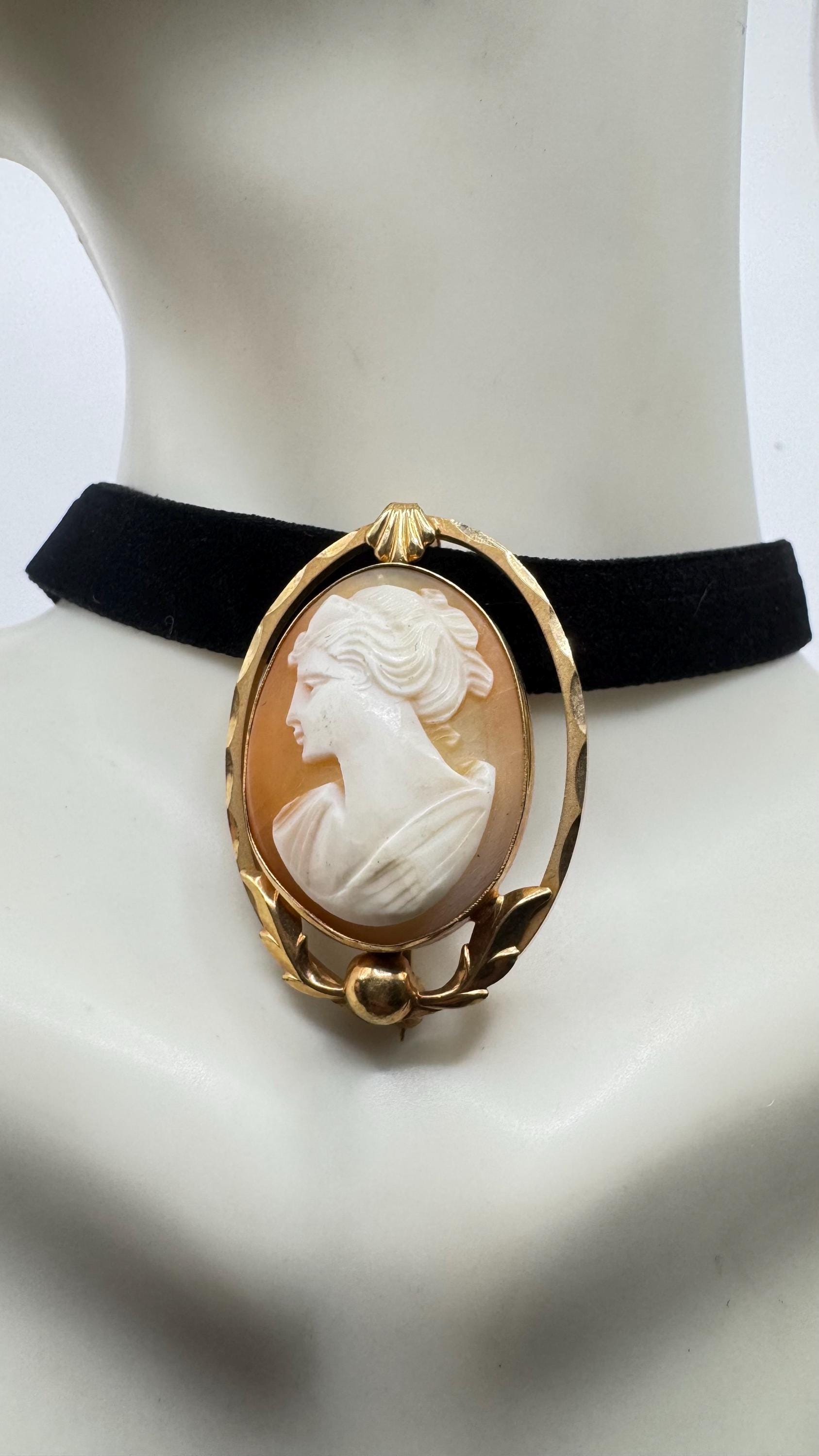Vintage Shell Cameo Yellow Gold Finished Brooch Pin