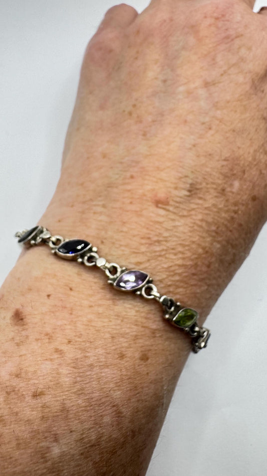 Handmade Genuine Mixed Gemstone in 925 Sterling Silver Tennis Bracelet