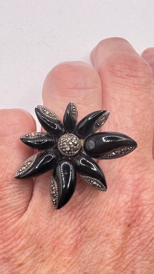 Vintage Genuine Black Onyx Flower Silver Marcasite Ring| chunky statement cocktail ring