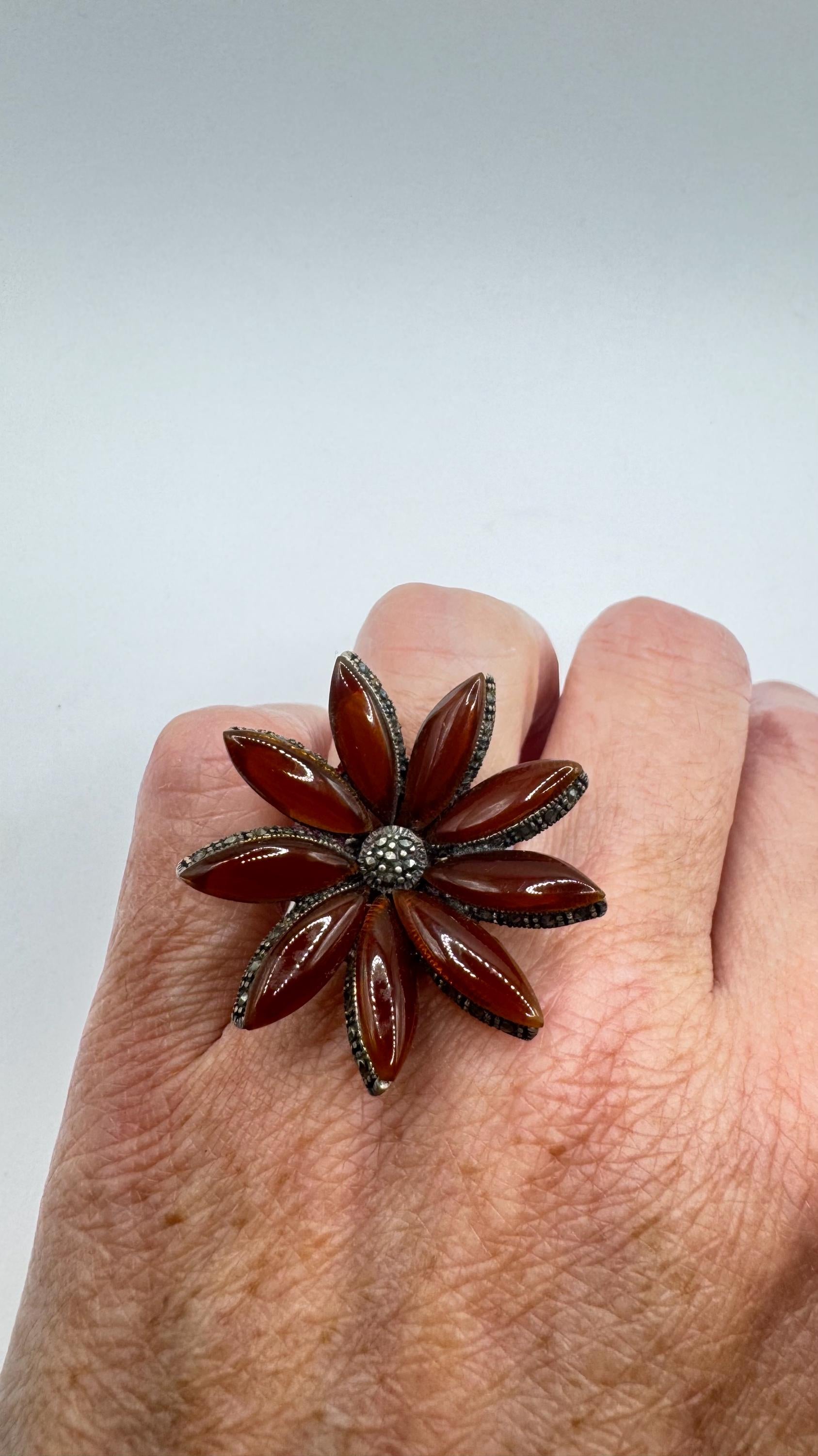 Vintage Genuine Red Carnelian 925 Sterling Silver Marcasite Ring