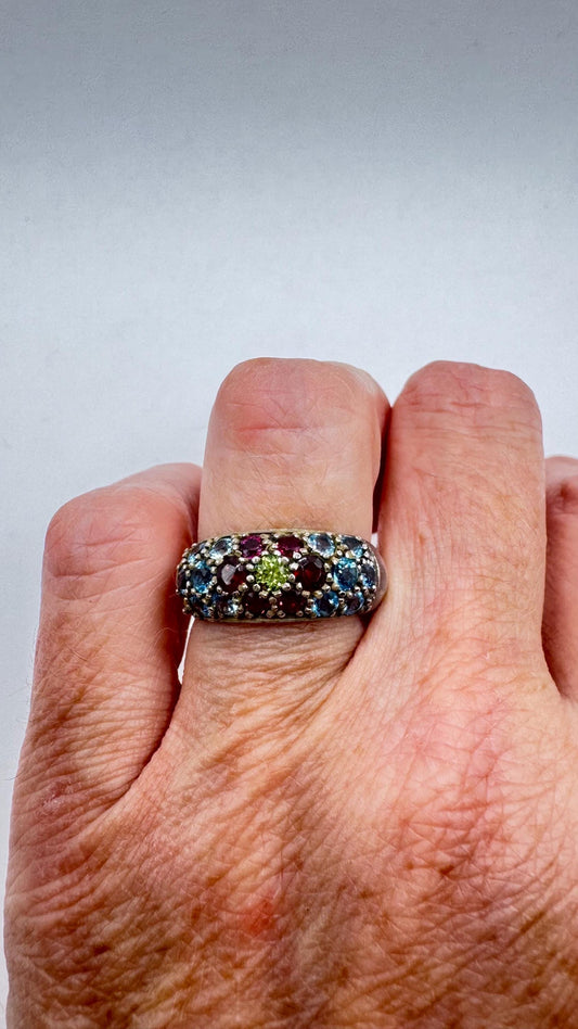 Vintage Mixed Genuine Gemstones 925 Sterling Silver Band Ring