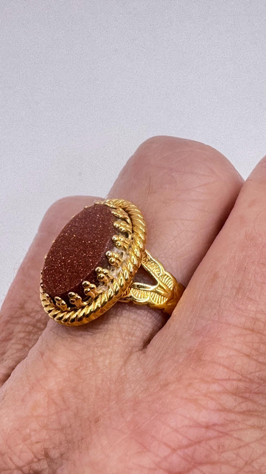 Vintage Goldstone Gold Sandstone Cocktail Ring Gold Filled