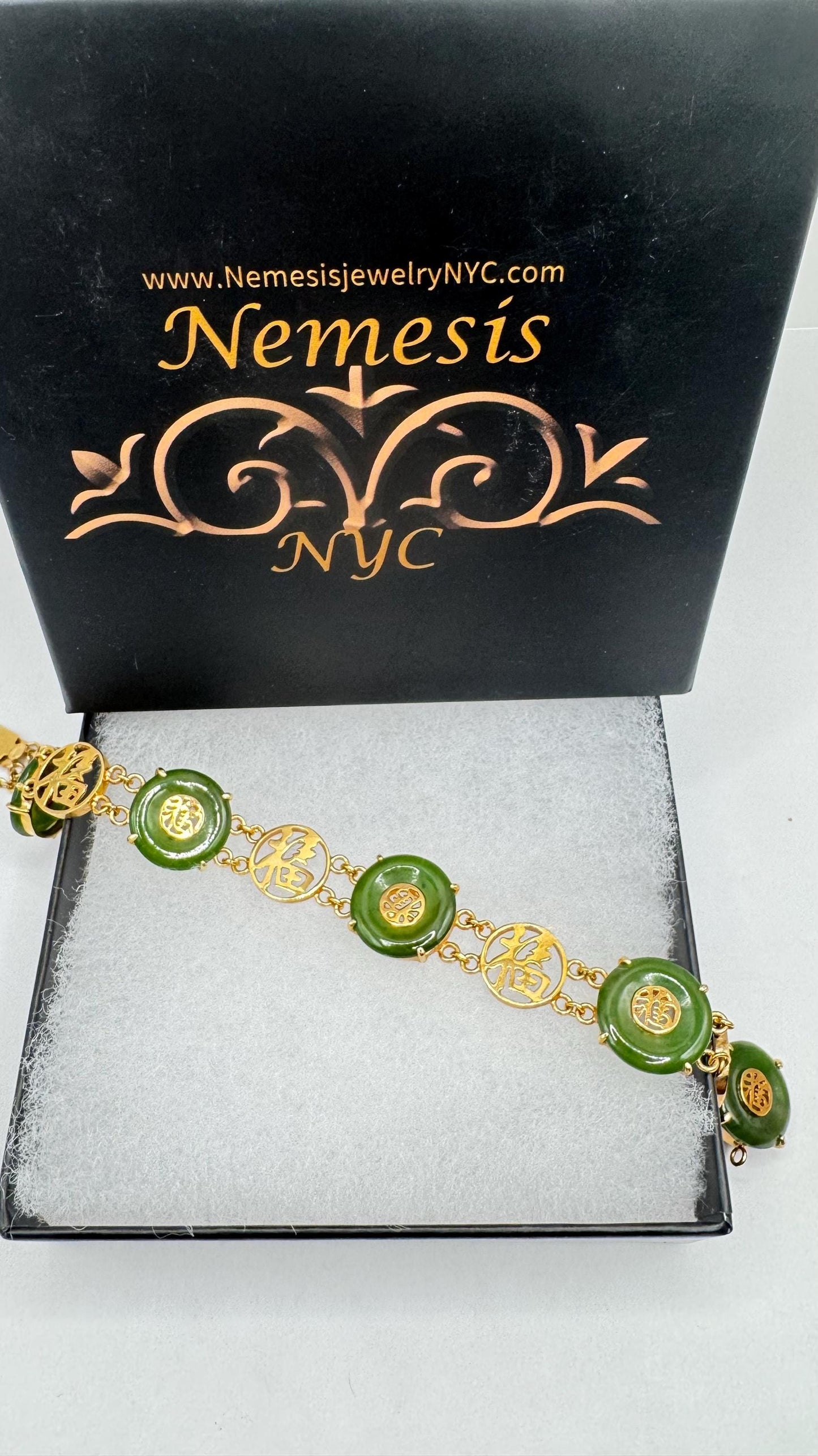 Vintage Green Jade Bracelet Gold filled Chinese calligraphy