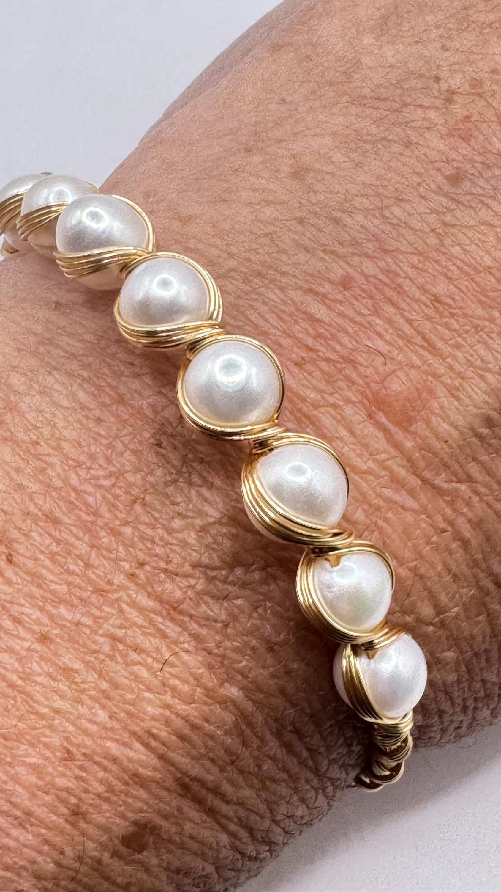 Vintage Pearl Cuff Bangle Bracelet Gold 925 Sterling Silver Hand Made
