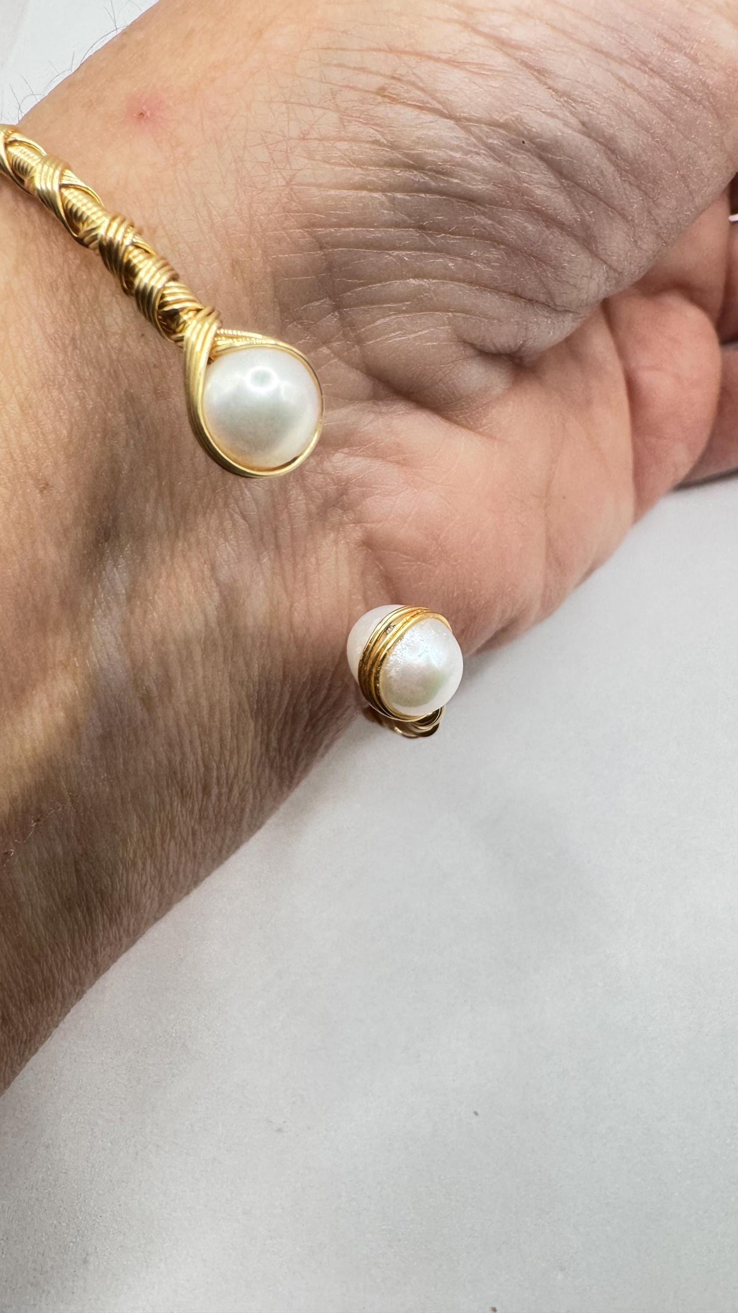 Vintage Pearl Cuff Bangle Bracelet Gold 925 Sterling Silver Hand Made