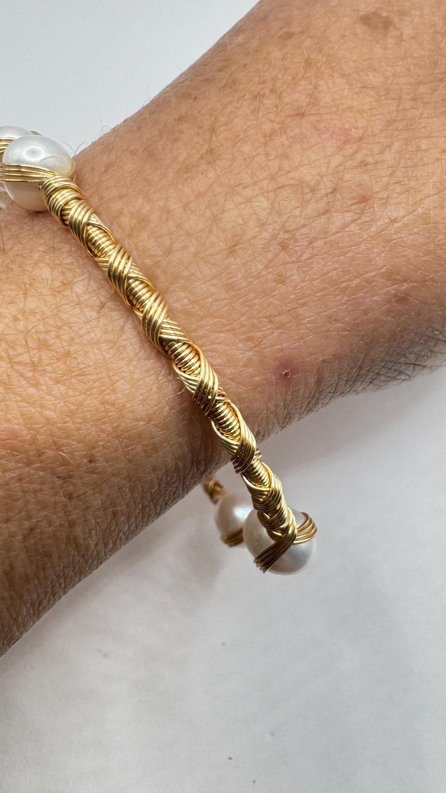 Vintage Pearl Cuff Bangle Bracelet Gold 925 Sterling Silver Hand Made
