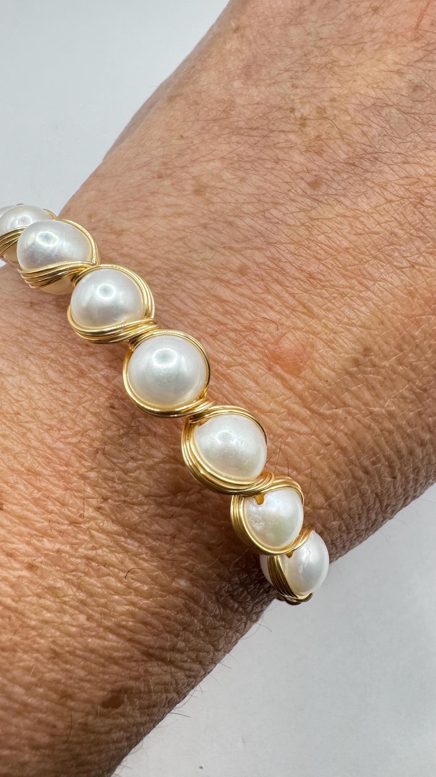 Vintage Pearl Cuff Bangle Bracelet Gold 925 Sterling Silver Hand Made