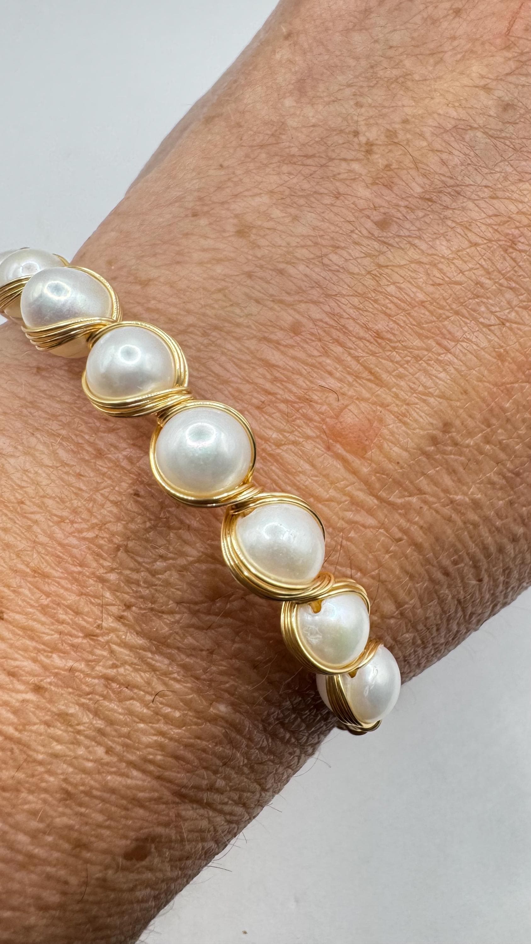Vintage Pearl Cuff Bangle Bracelet Gold 925 Sterling Silver Hand Made