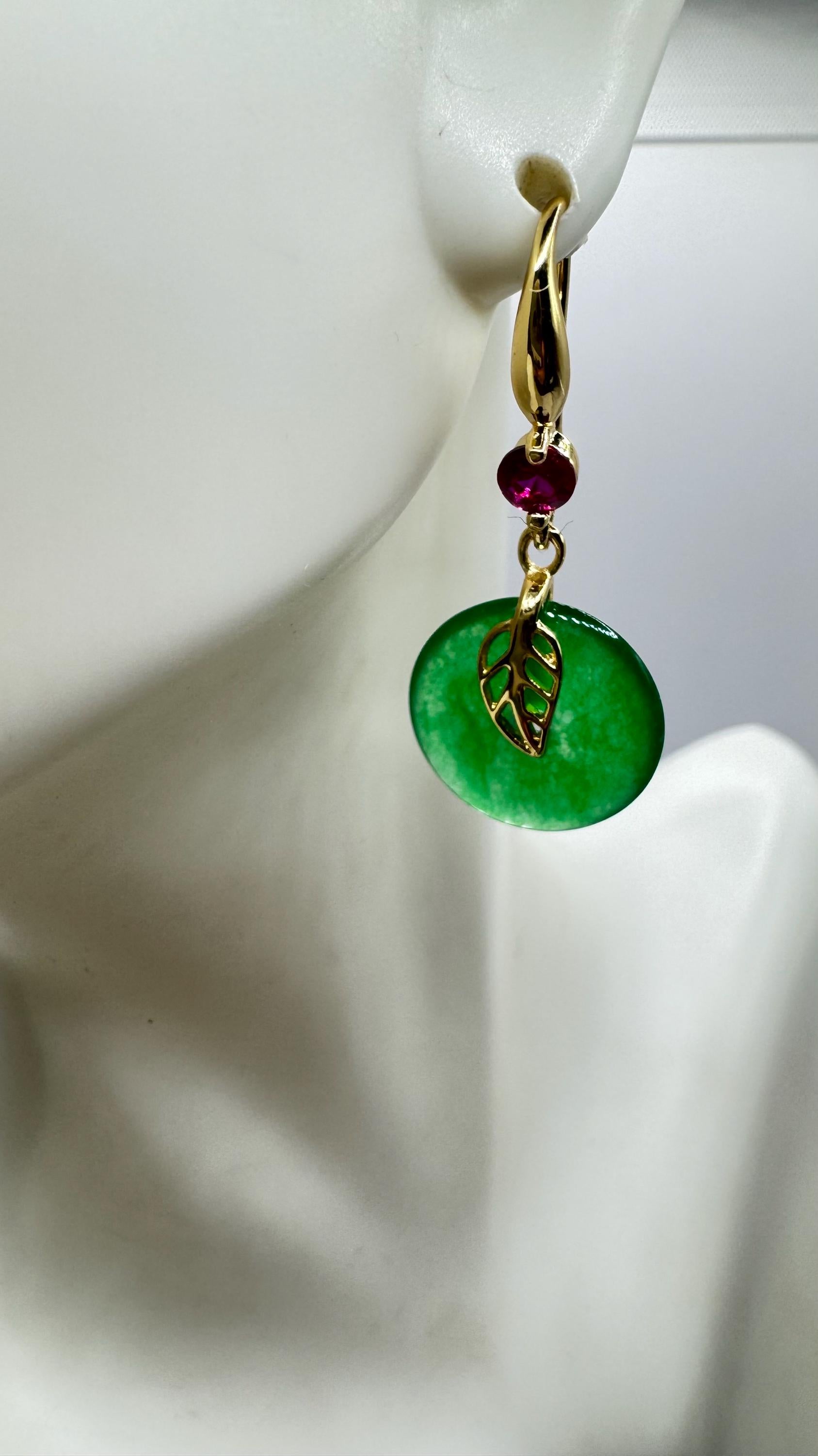 Vintage Green Jade Gold Bronze Earrings