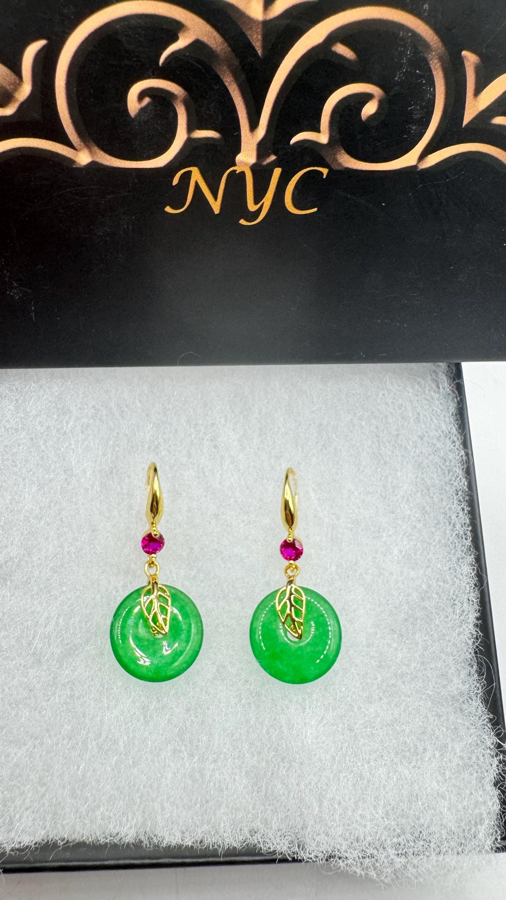 Vintage Green Jade Gold Bronze Earrings