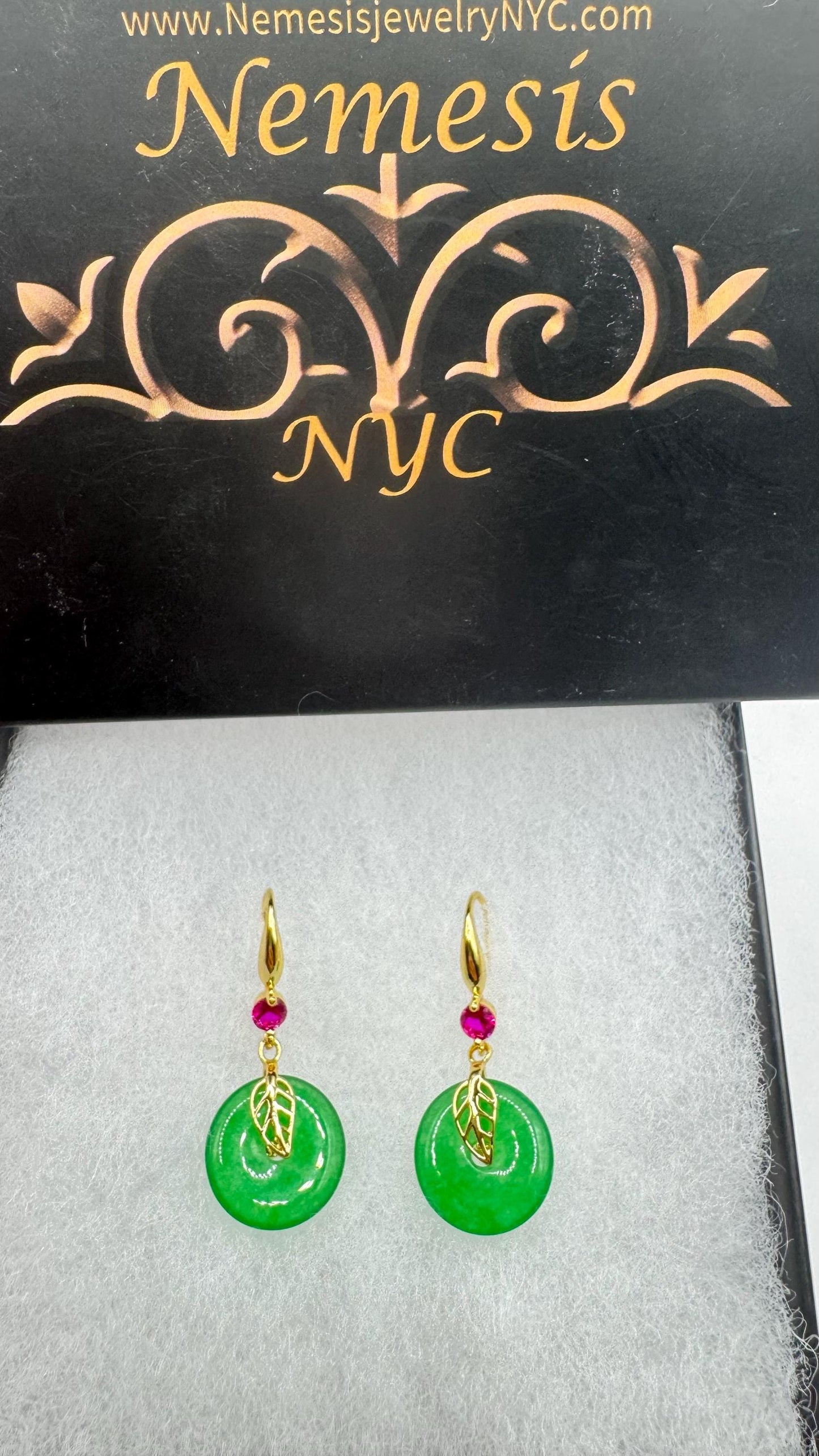 Vintage Green Jade Gold Bronze Earrings