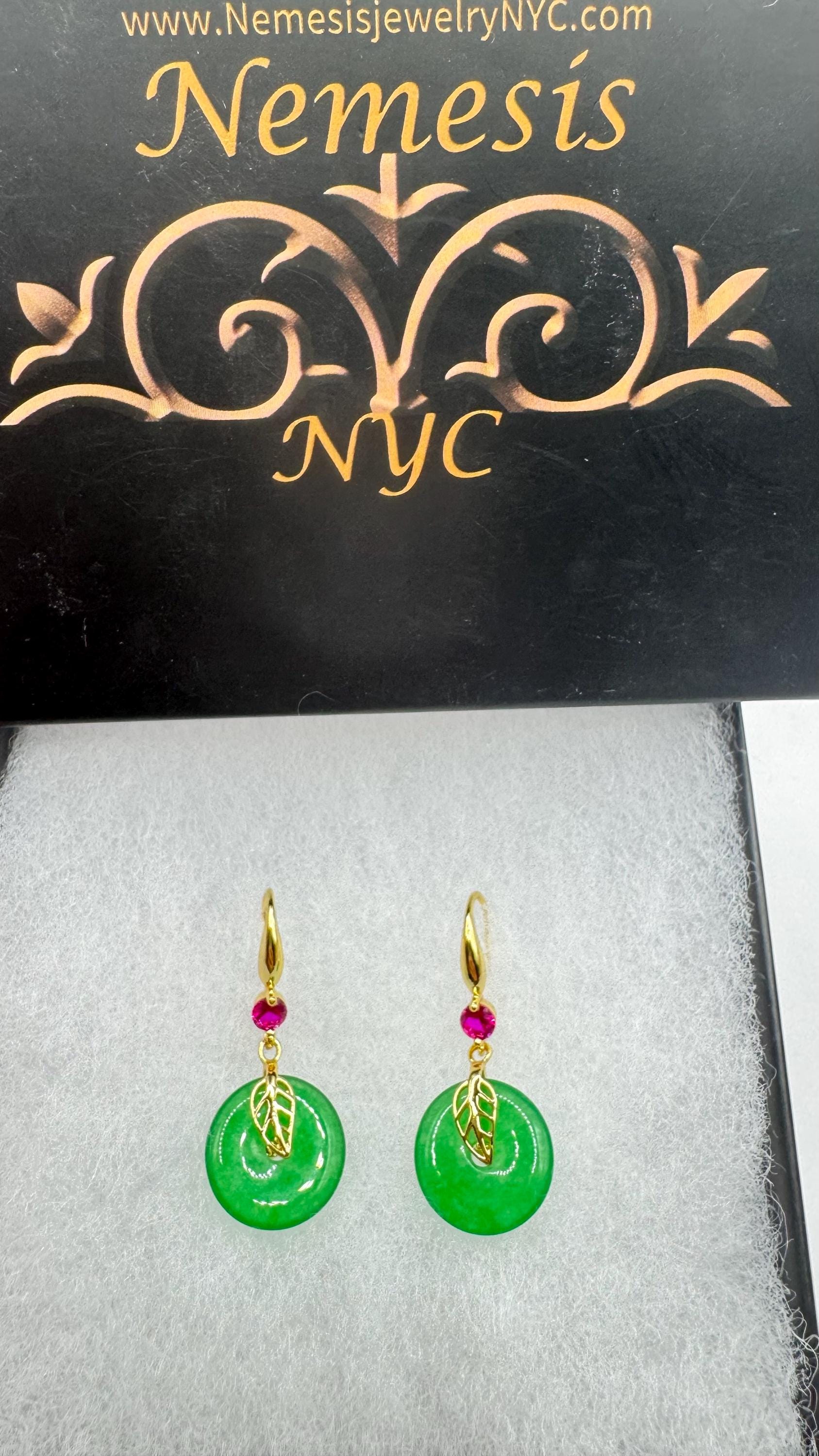 Vintage Green Jade Gold Bronze Earrings