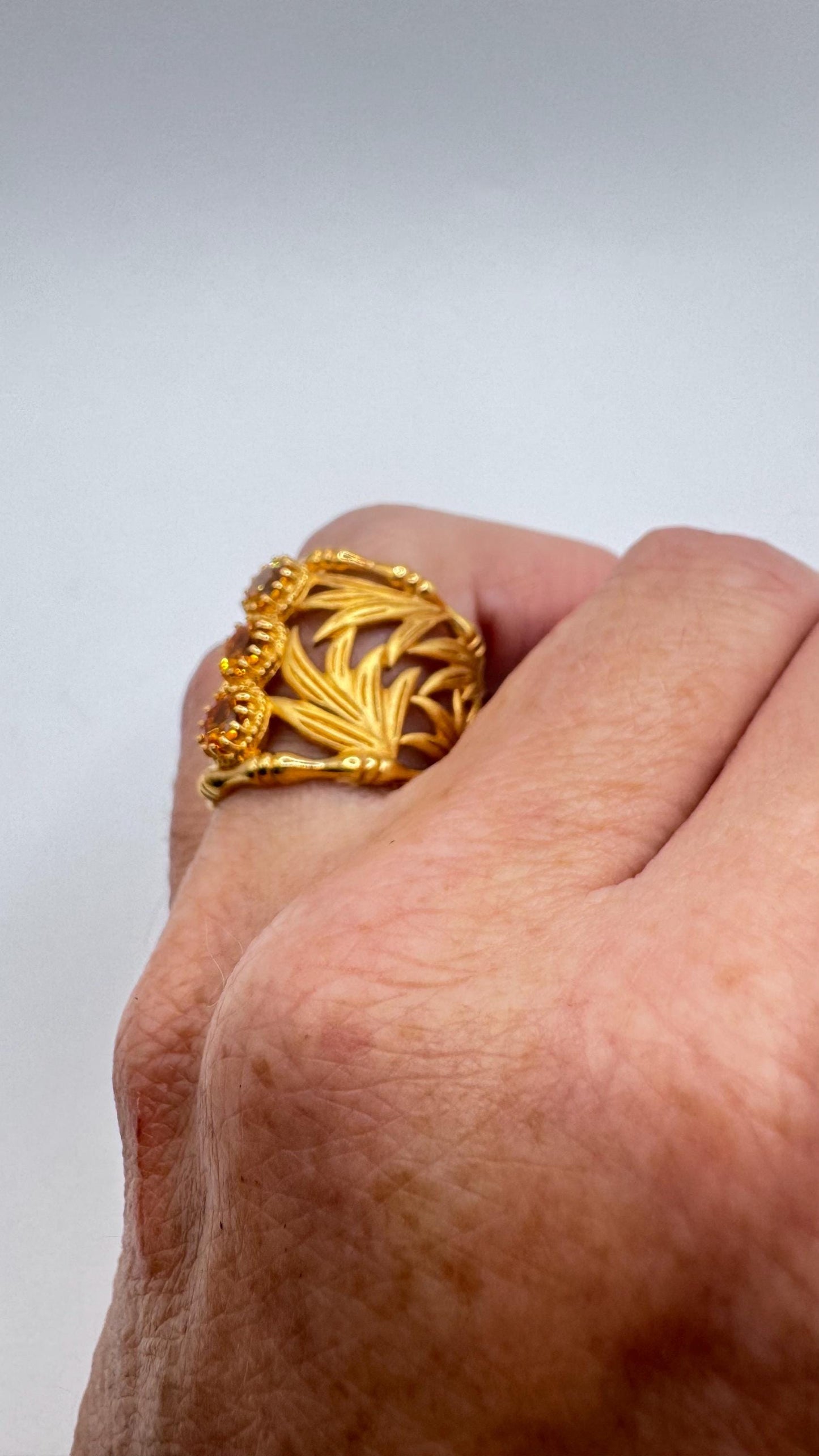 Vintage Golden Genuine Citrine 925 Sterling Silver Bamboo Ring cigar band