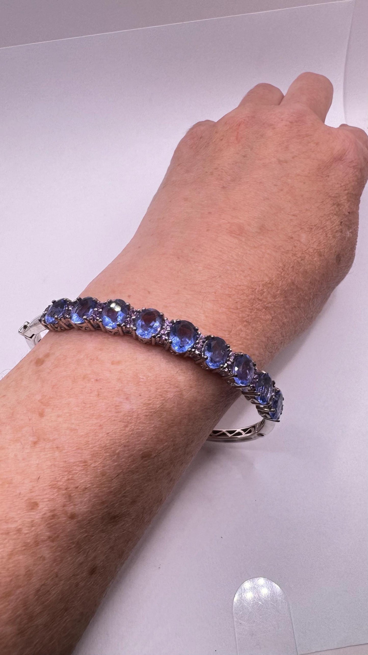 Vintage Blue Iolite Purple Amethyst 925 Sterling Silver Bangle Cuff Bracelet