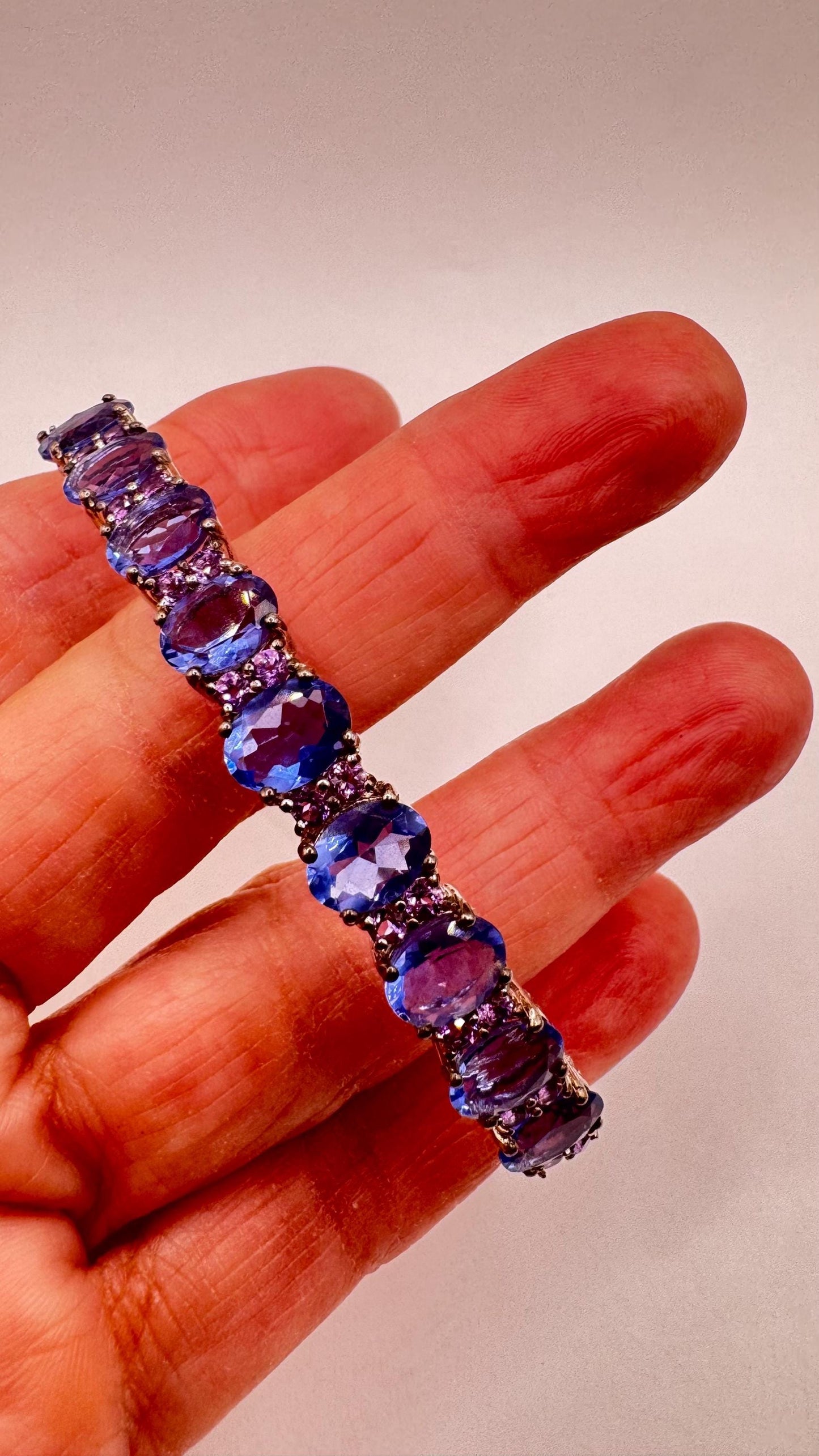 Vintage Blue Iolite Purple Amethyst 925 Sterling Silver Bangle Cuff Bracelet