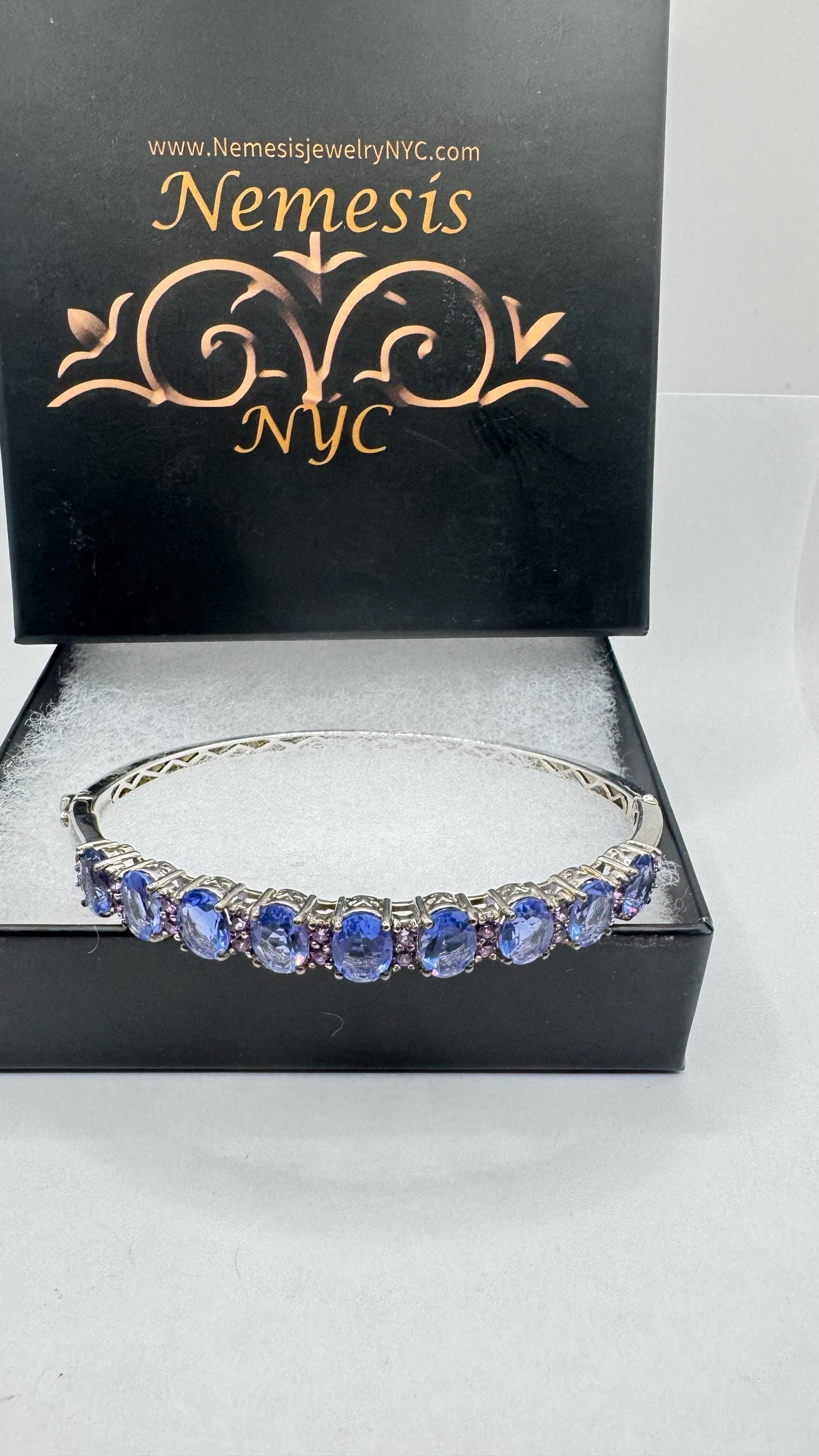 Vintage Blue Iolite Purple Amethyst 925 Sterling Silver Bangle Cuff Bracelet