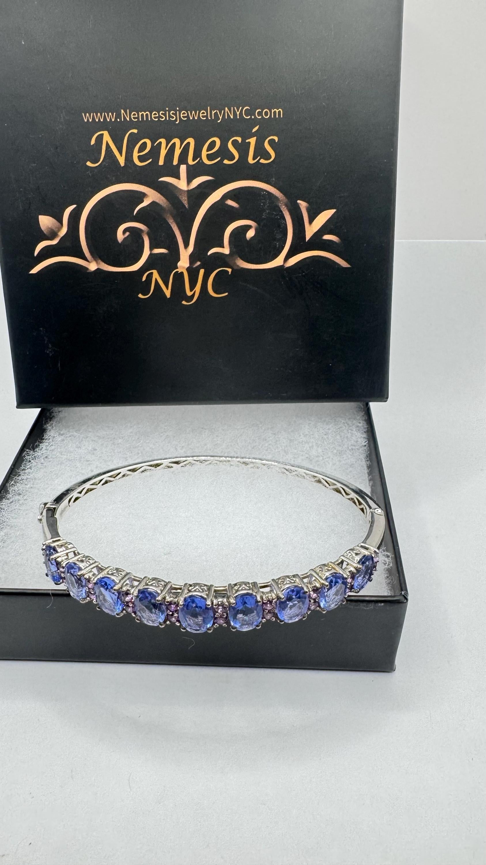 Vintage Blue Iolite Purple Amethyst 925 Sterling Silver Bangle Cuff Bracelet