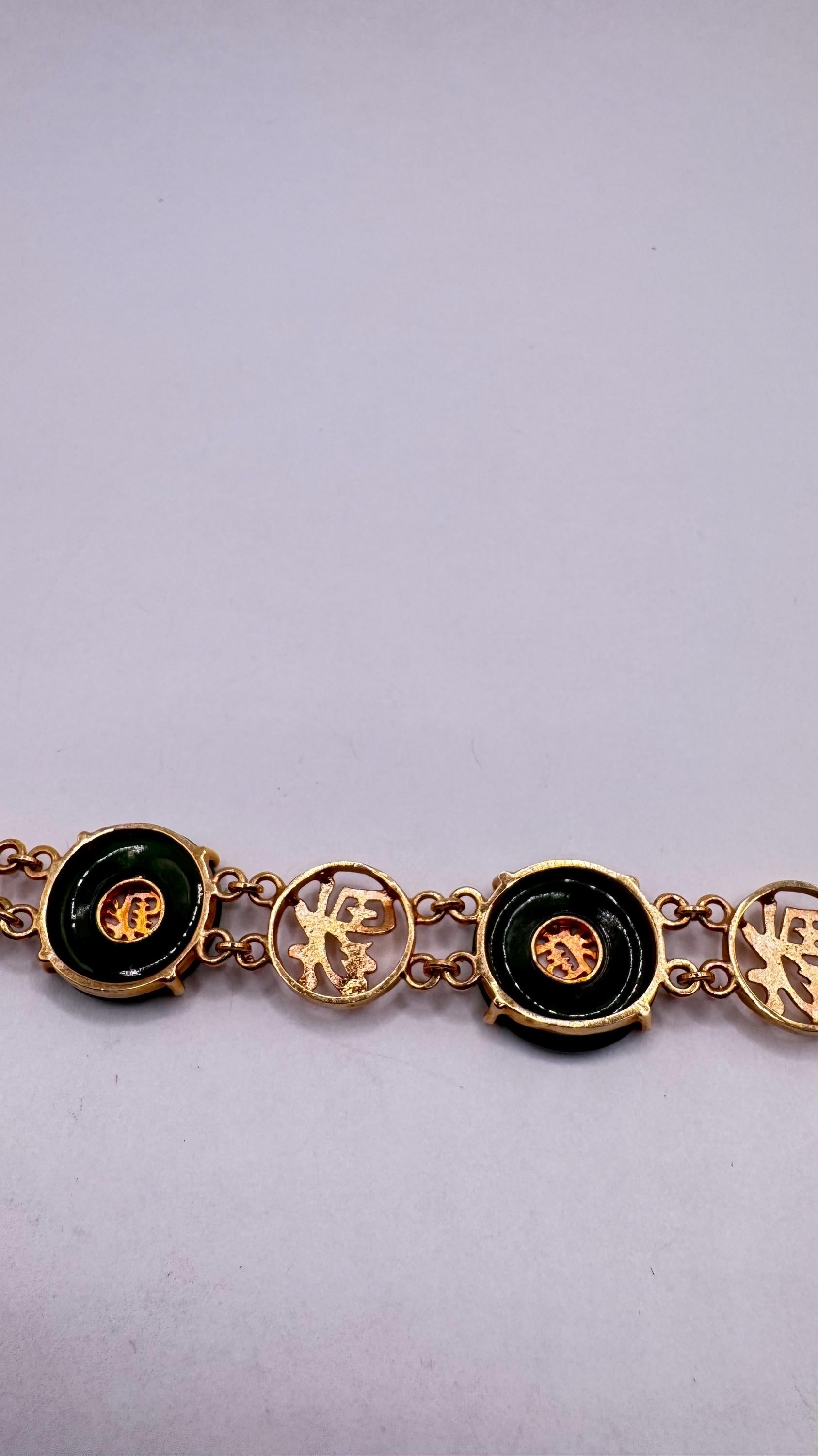 Vintage Green Jade Bracelet Gold filled Chinese calligraphy