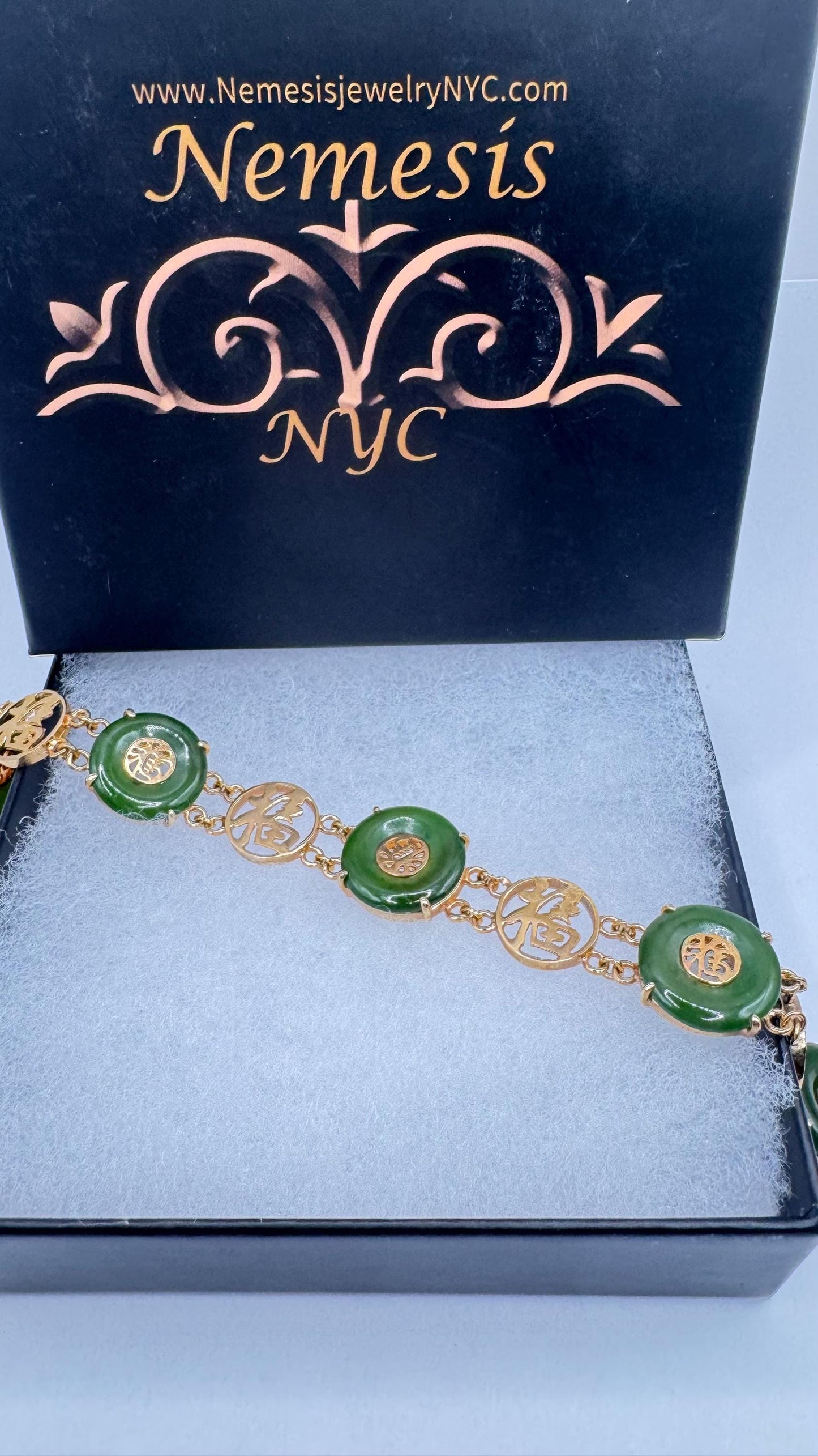 Vintage Green Jade Bracelet Gold filled Chinese calligraphy