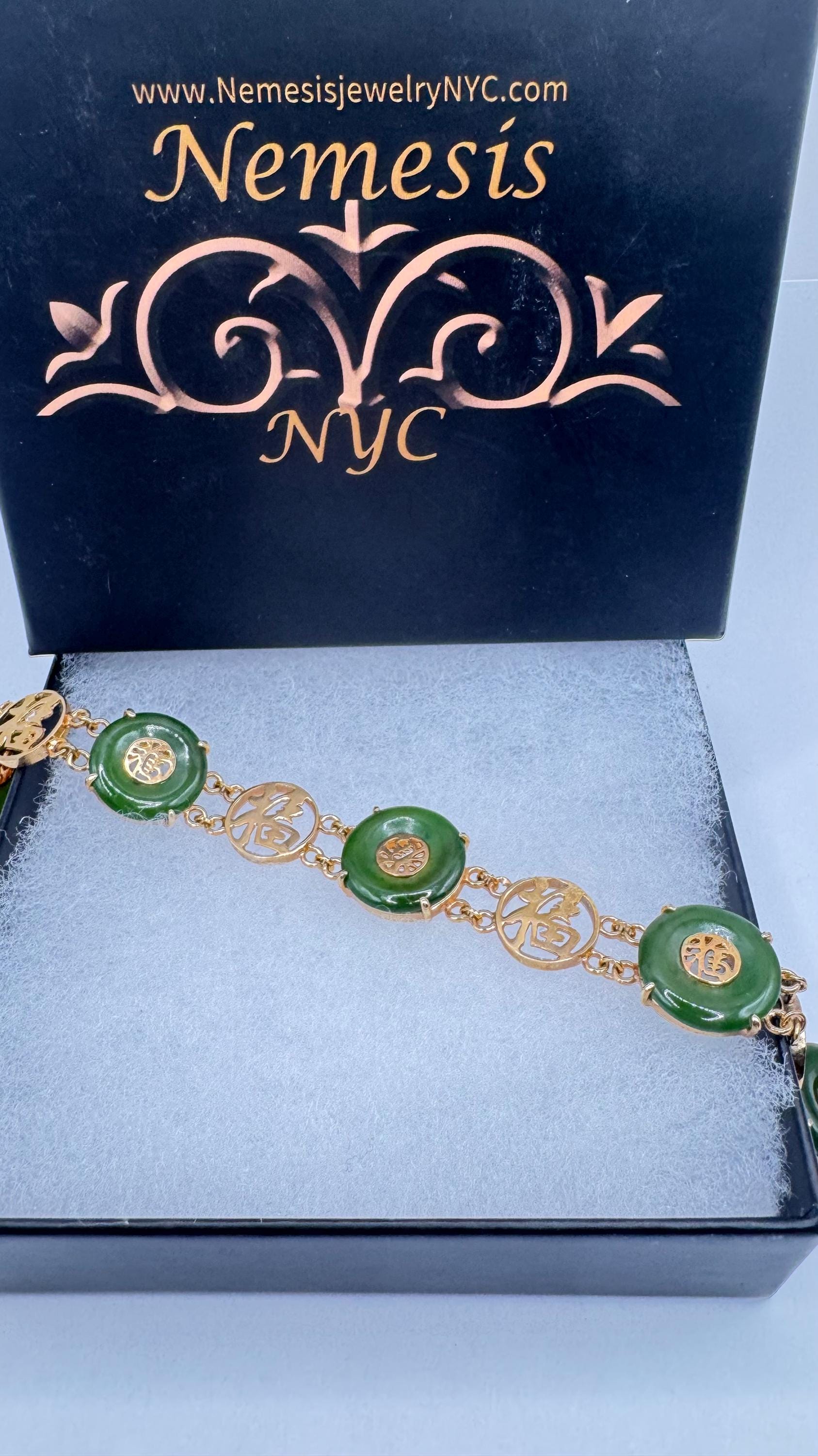 Vintage Green Jade Bracelet Gold filled Chinese calligraphy