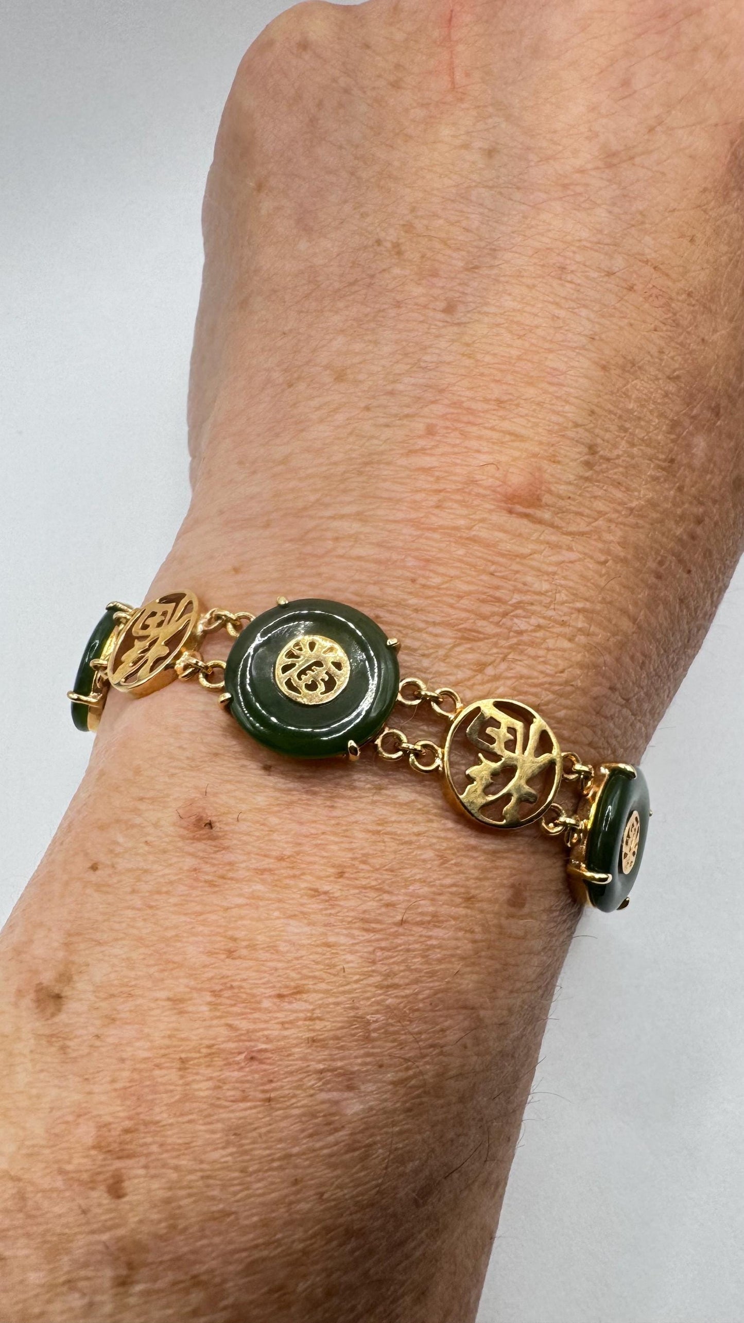 Vintage Green Jade Bracelet Gold filled Chinese calligraphy