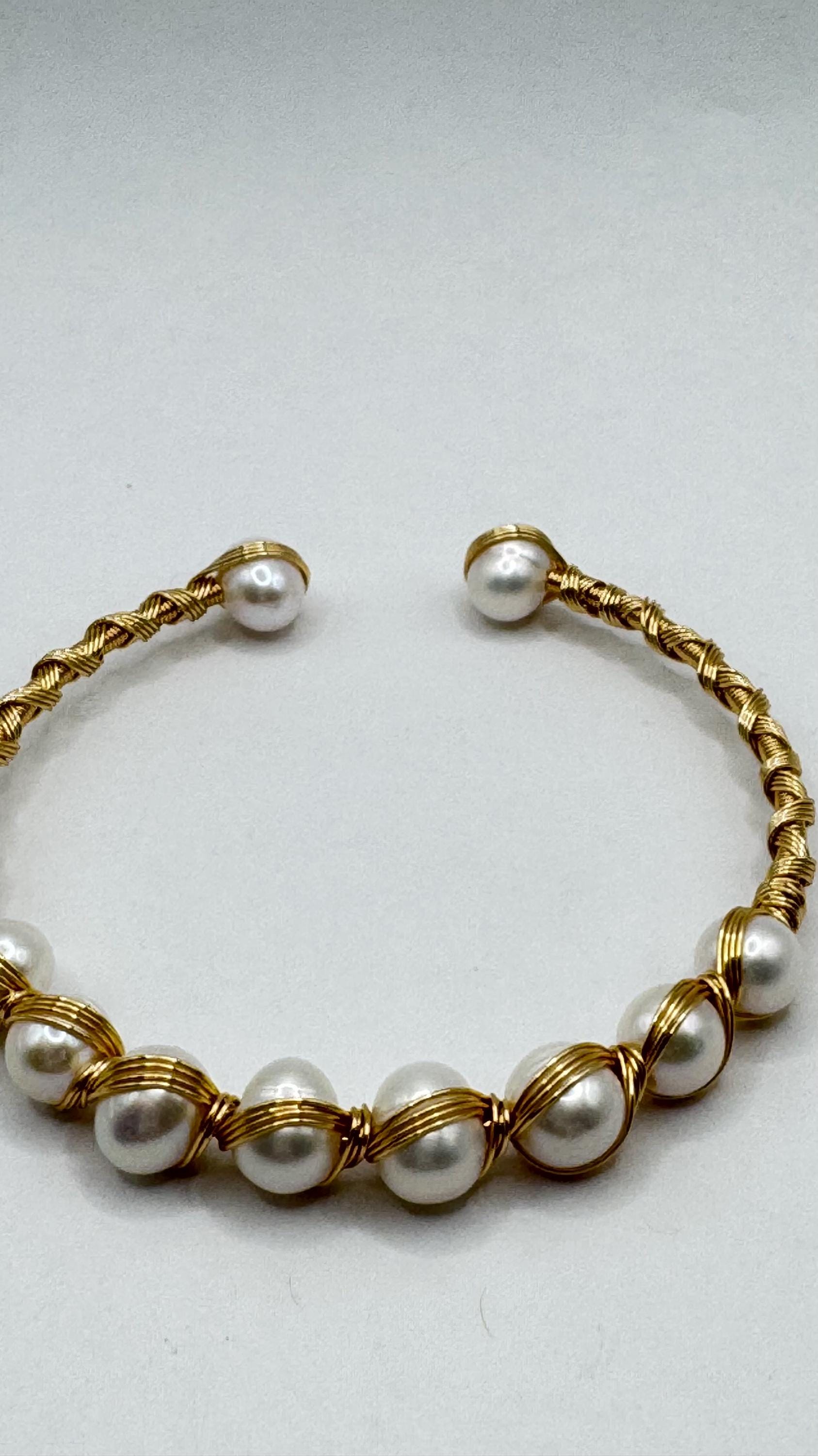 Vintage Pearl Cuff Bangle Bracelet Gold 925 Sterling Silver Hand Made