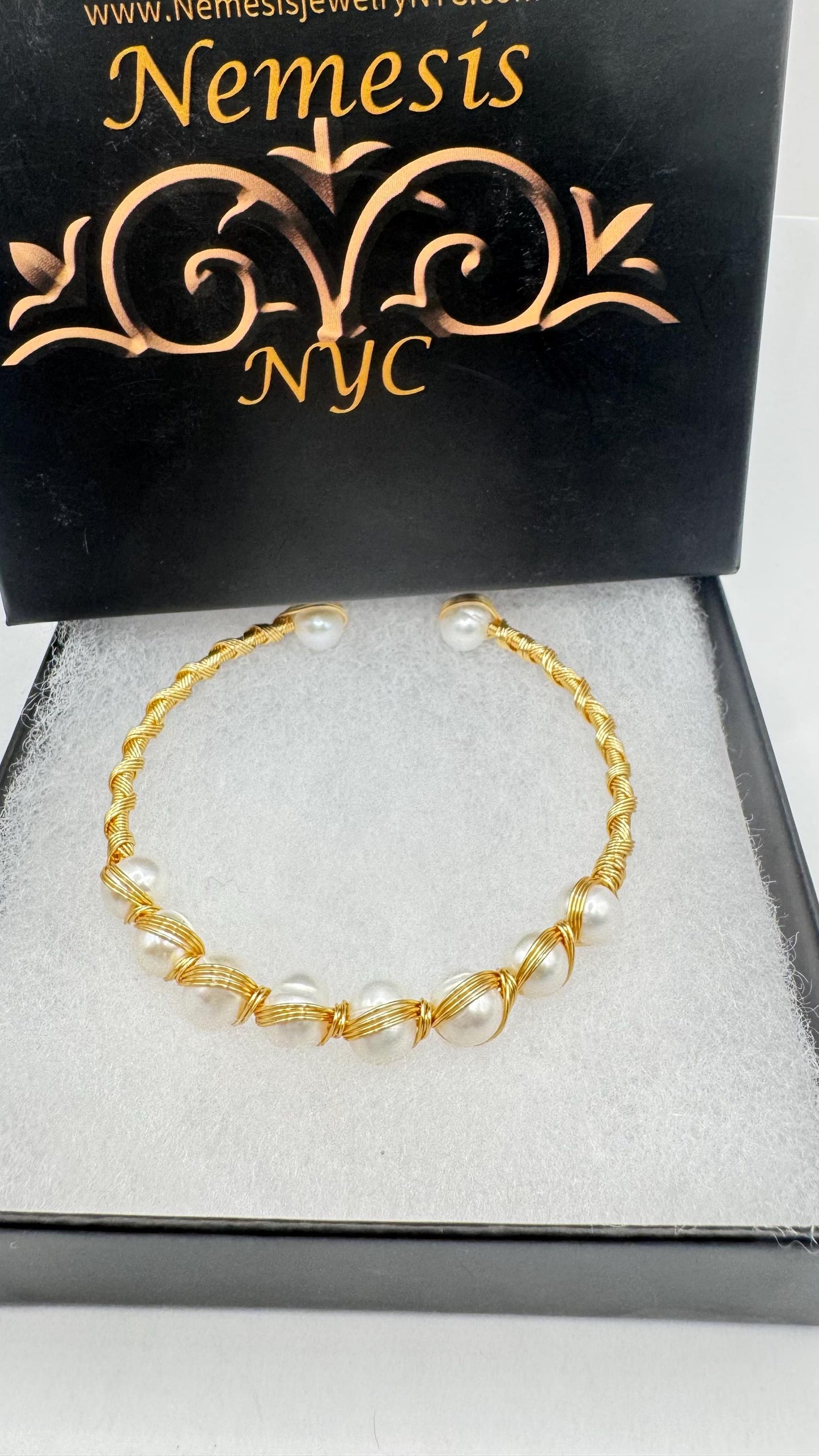 Vintage Pearl Cuff Bangle Bracelet Gold 925 Sterling Silver Hand Made