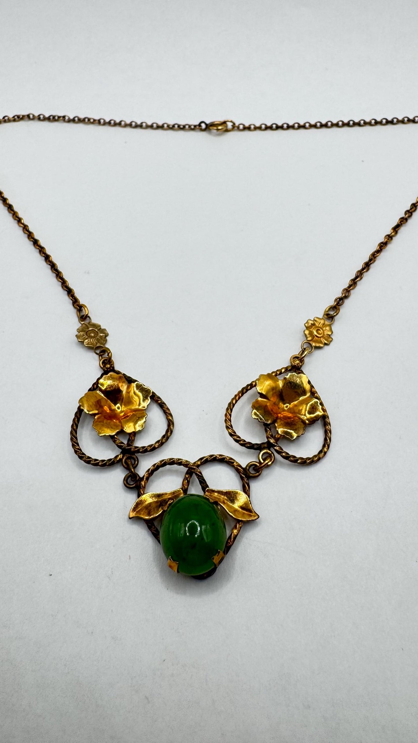 Vintage Green Jade Stone scarab Yellow 14k Gold Fill Necklace