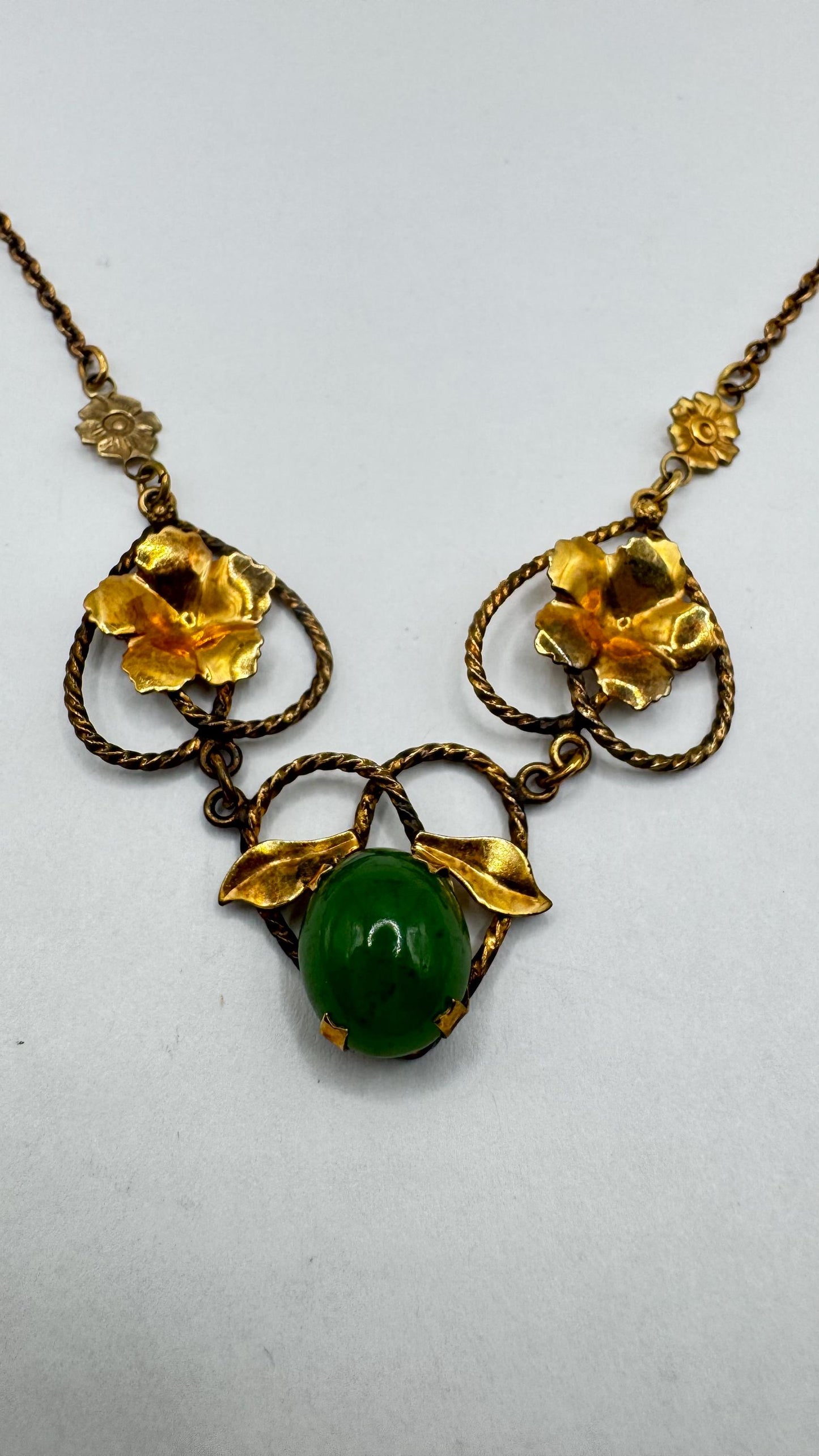 Vintage Green Jade Stone scarab Yellow 14k Gold Fill Necklace