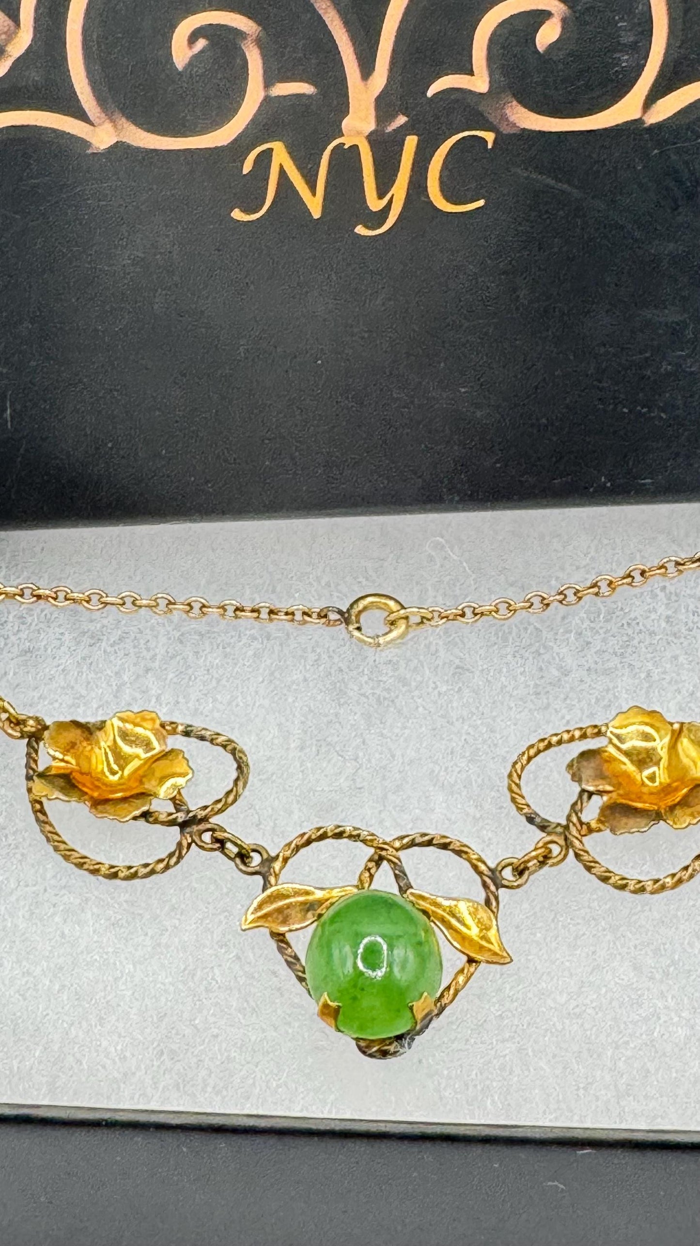 Vintage Green Jade Stone scarab Yellow 14k Gold Fill Necklace