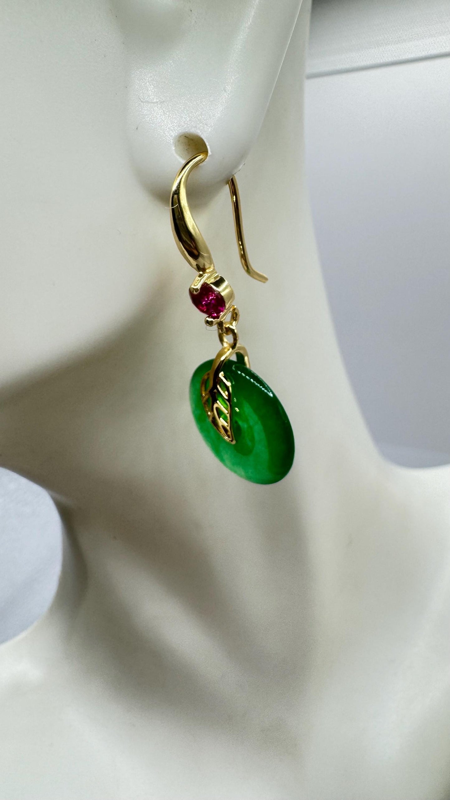 Vintage Green Jade Gold Bronze Earrings