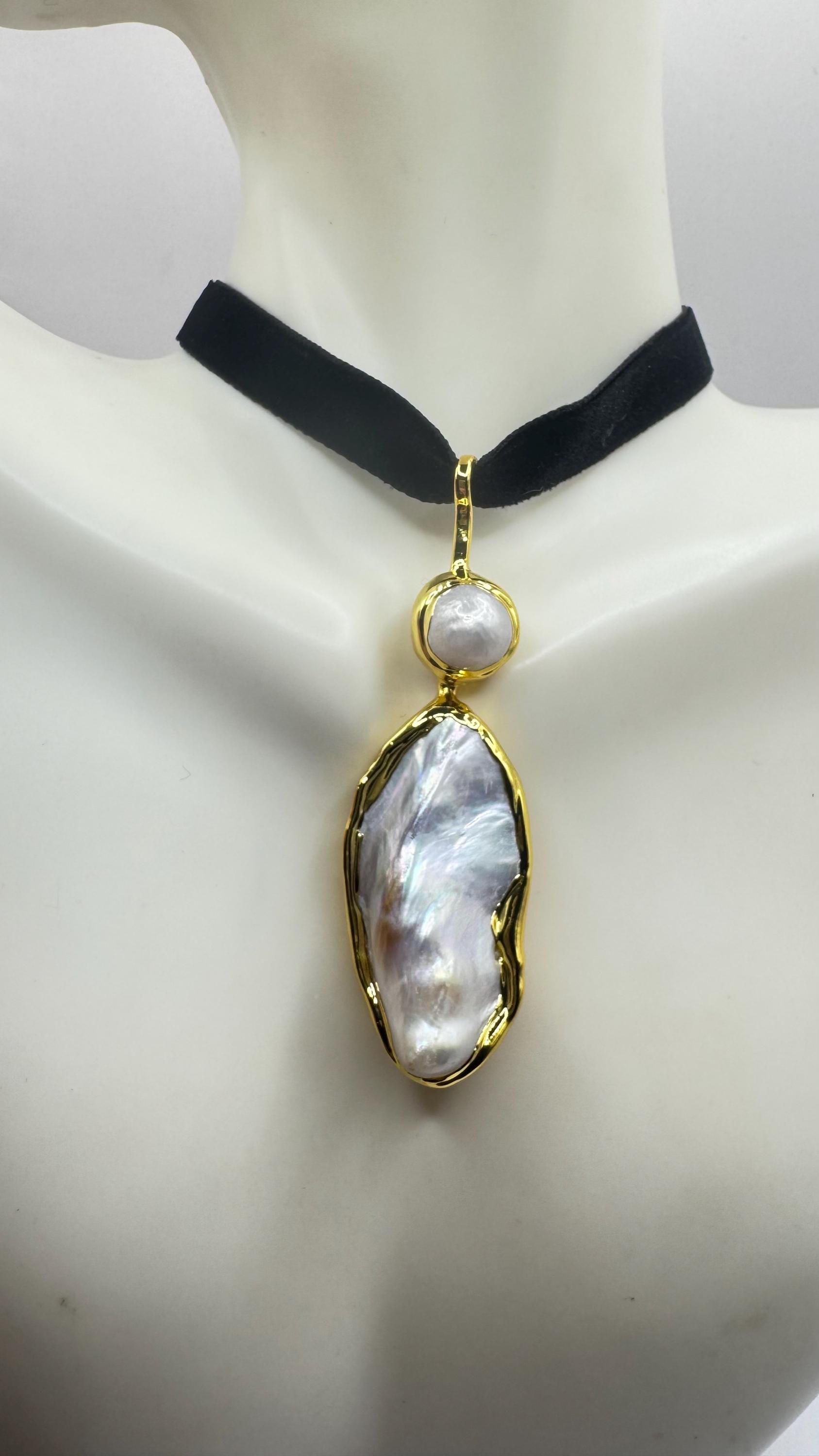 Vintage White Biwa Pearl Gold 925 Sterling Silver Choker Necklace