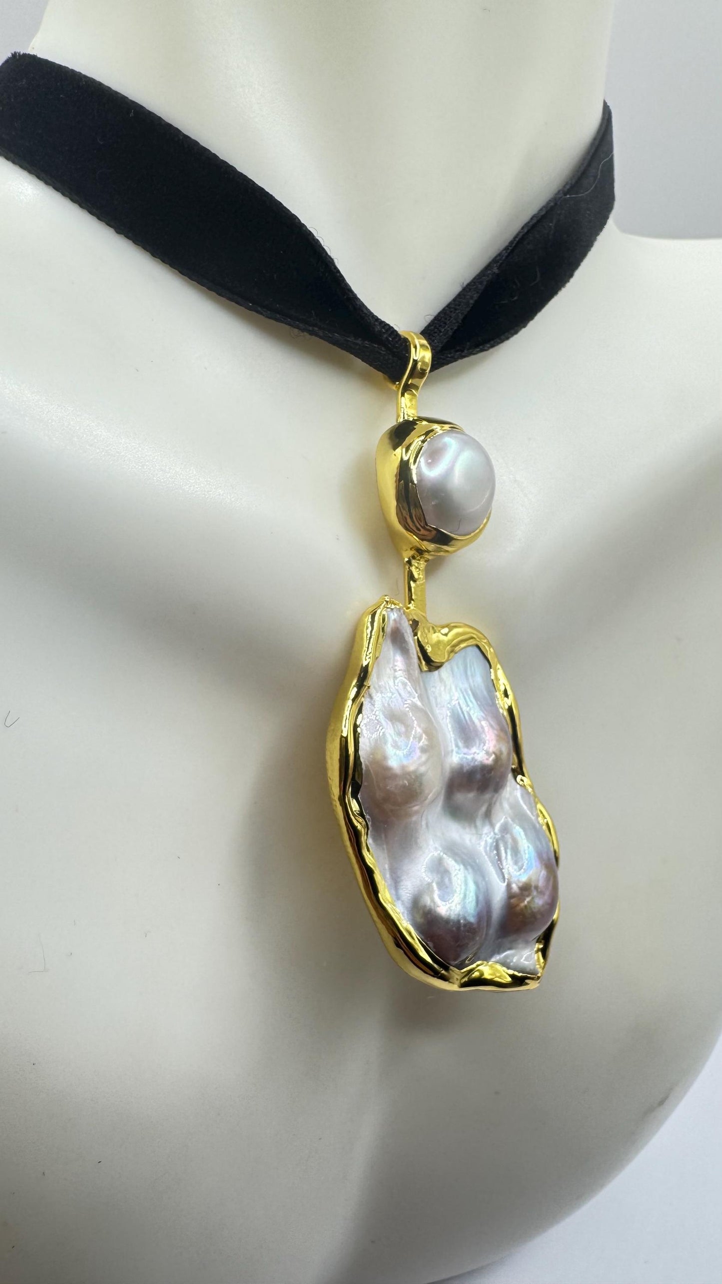 Vintage White Biwa Pearl Gold 925 Sterling Silver Choker Necklace