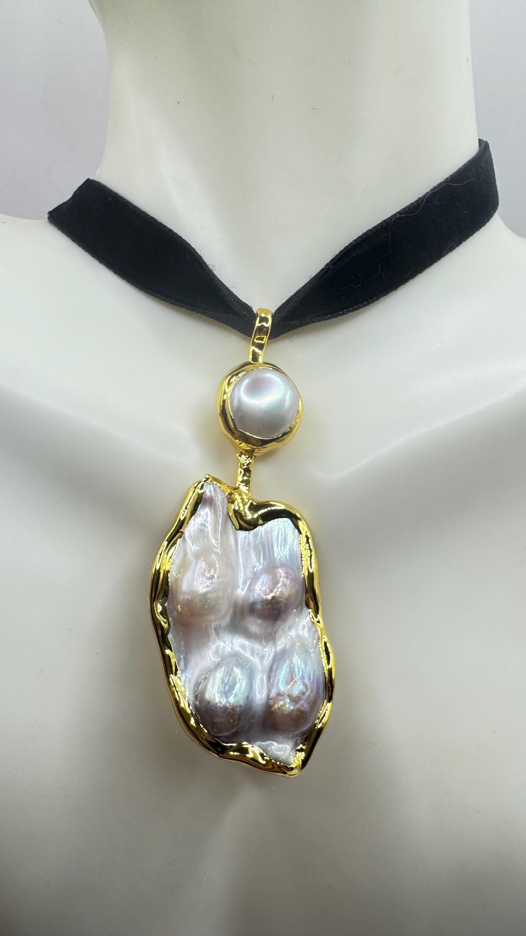 Vintage White Biwa Pearl Gold 925 Sterling Silver Choker Necklace