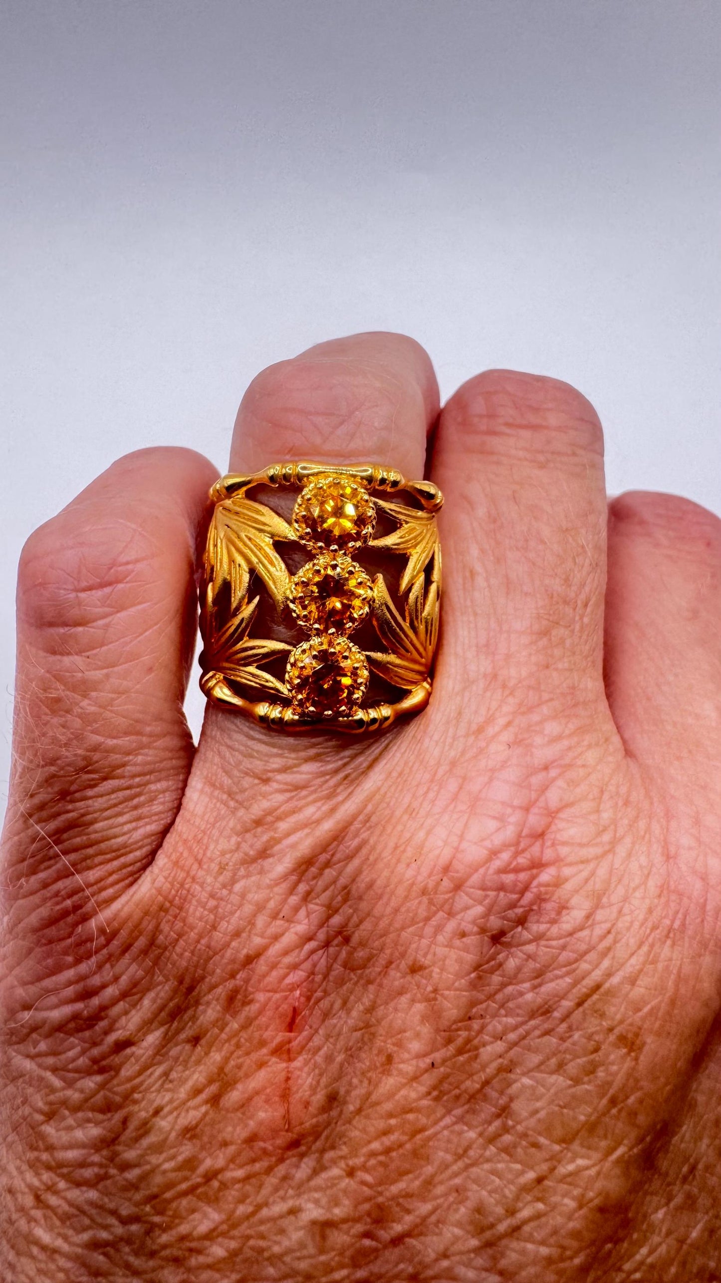 Vintage Golden Genuine Citrine 925 Sterling Silver Bamboo Ring cigar band